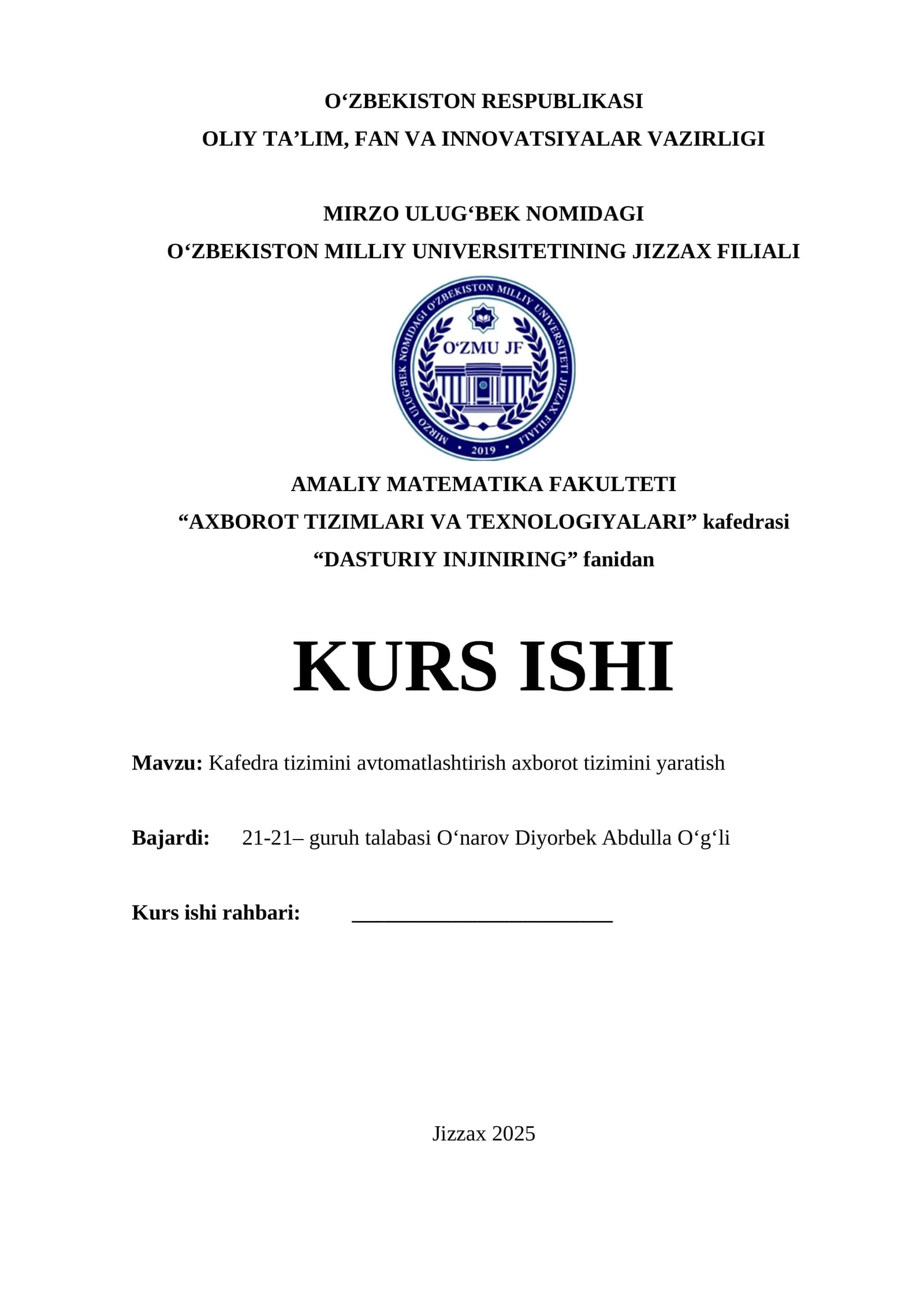 Kafedra tizimini avtomatlashtirish axborot tizimini yaratish