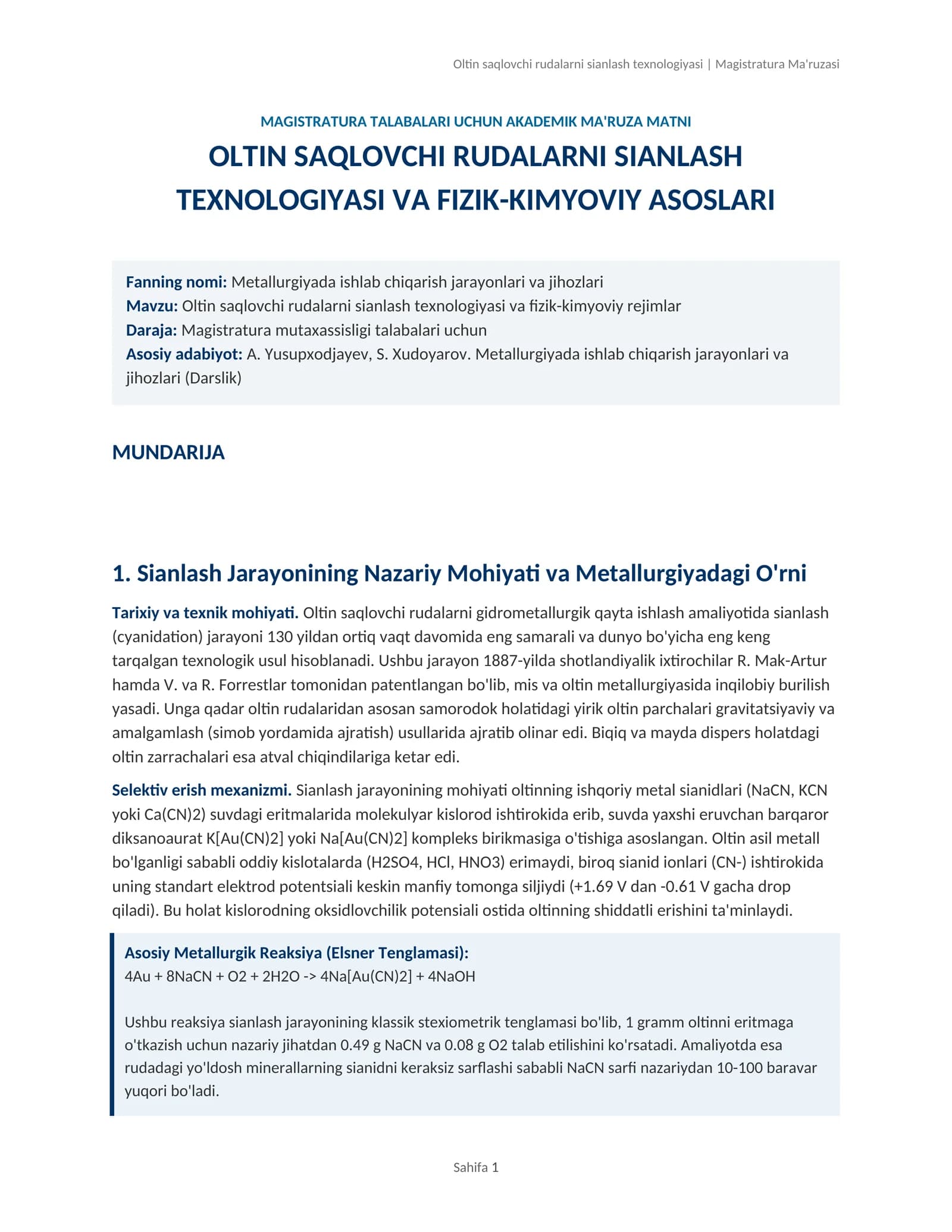 Metallurgiyada ishlab chiqarish jarayonlari va jihozlari