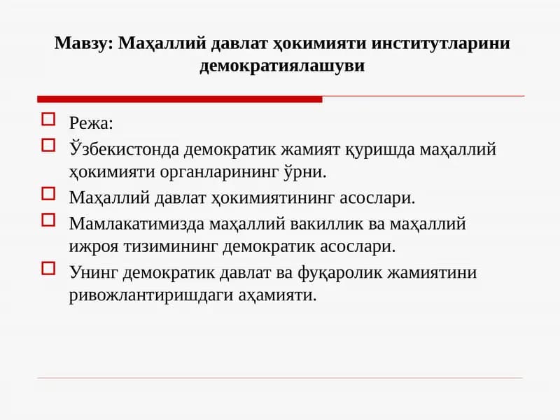 Маҳаллий давлат ҳокимияти институтларини демократиялашуви