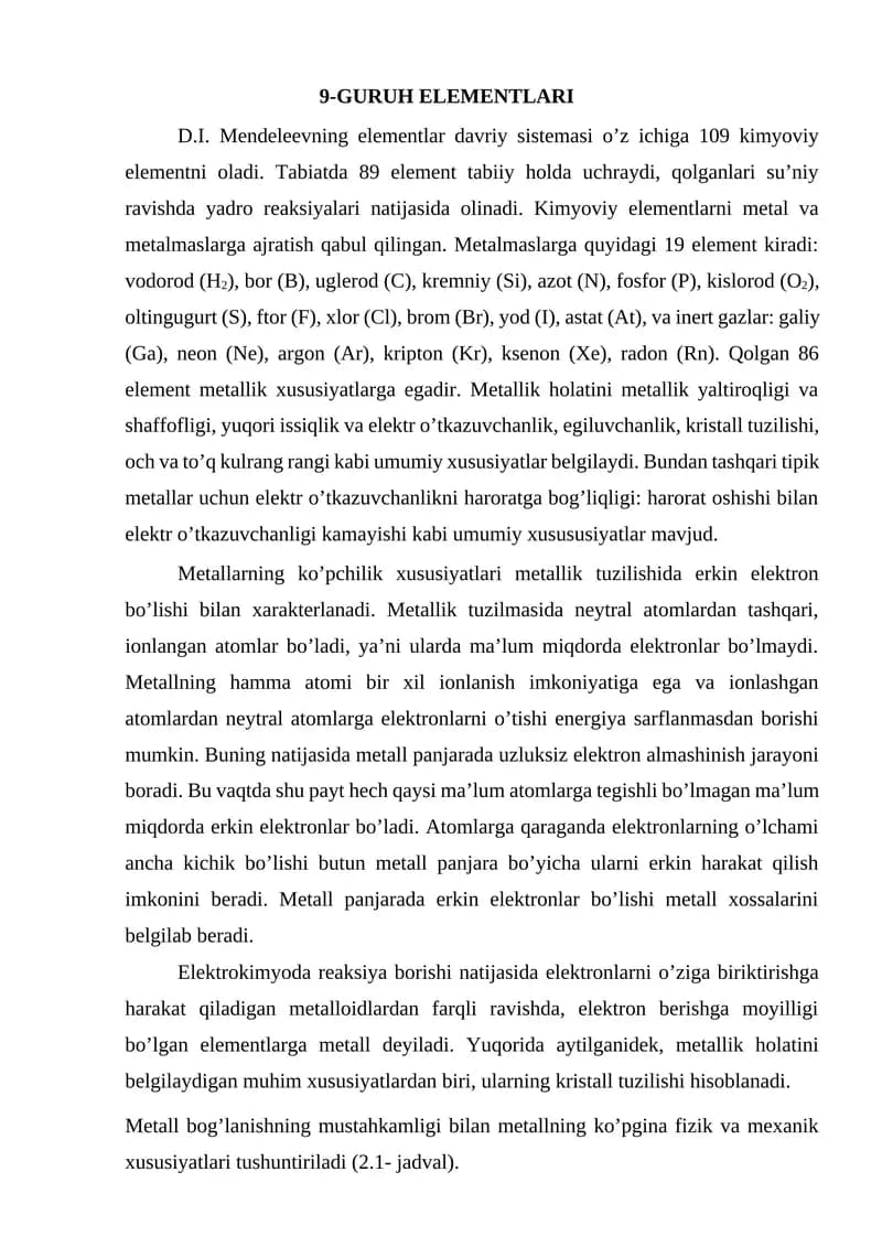 9-GURUH ELEMENTLARI