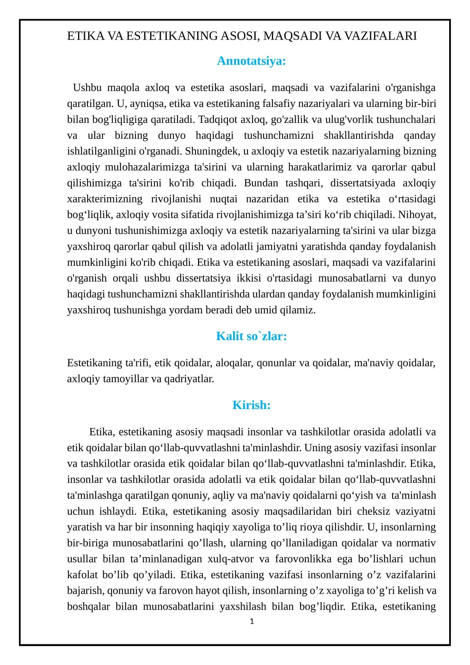 ETIKA VA ESTETIKANING ASOSI, MAQSADI VA VAZIFALARI