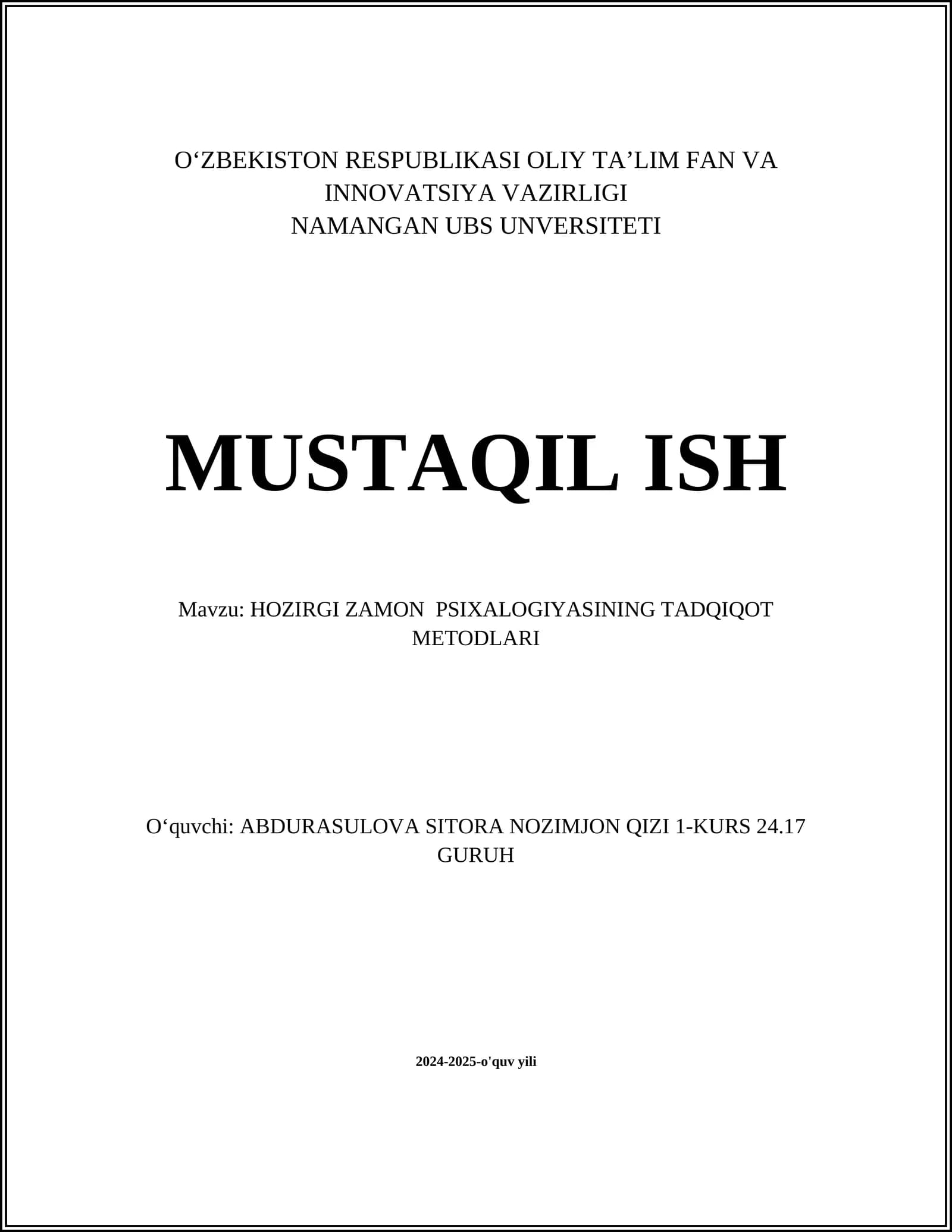 HOZIRGI ZAMON PSIXALOGIYASINING TADQIQOT METODLARI