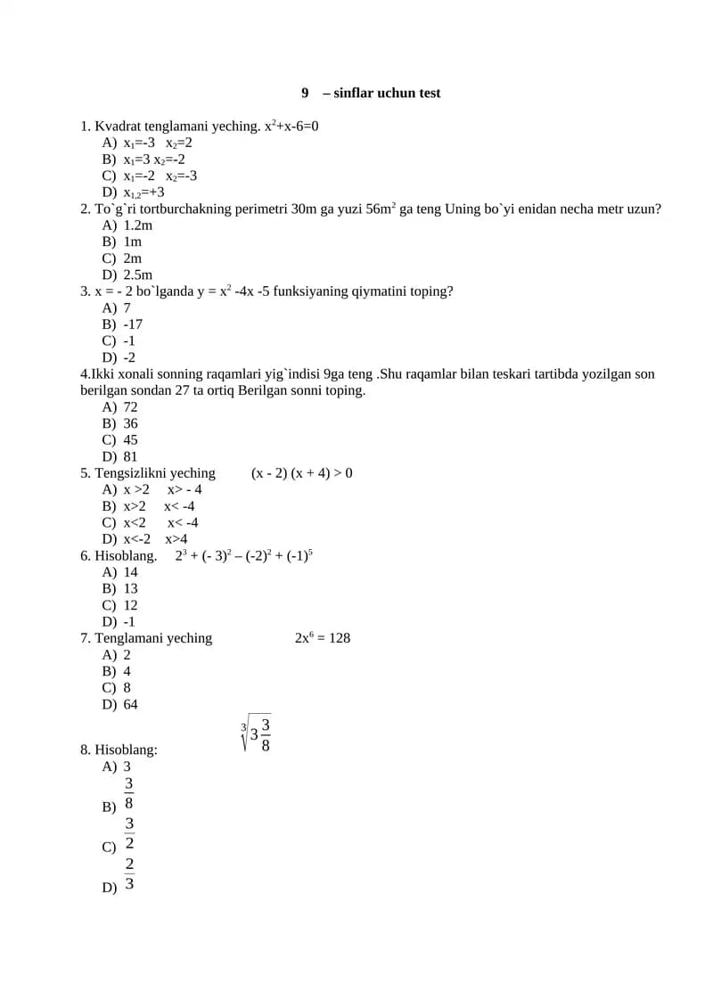 9-sinflar uchun test
