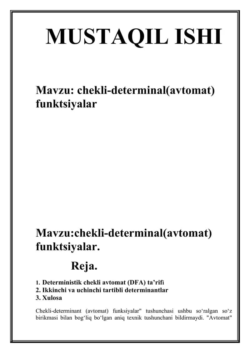 chekli-determinal (avtomat) funksiyalar