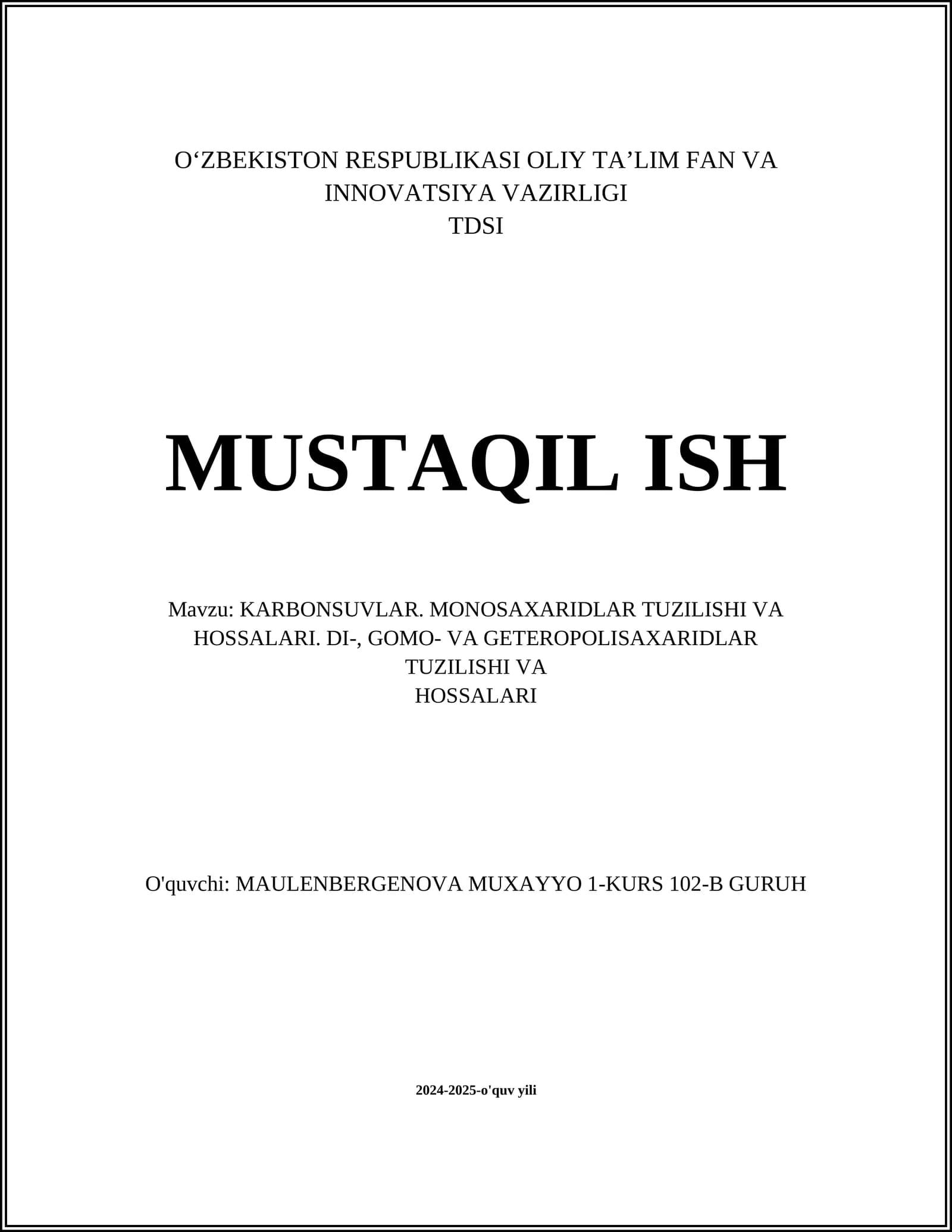 KARBONSUVLAR. MONOSAXARIDLAR TUZILISHI VA HOSSALARI