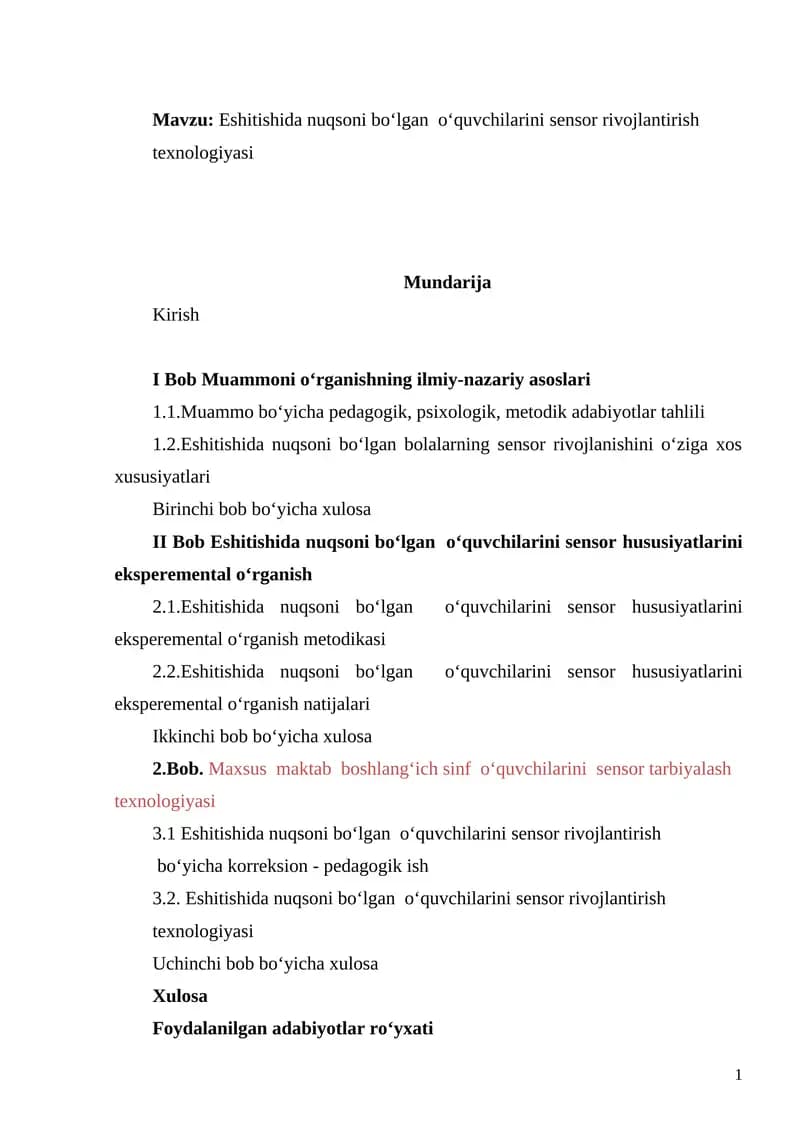 Eshitishida nuqsoni bo‘lgan  o‘quvchilarini sensor rivojlantirish