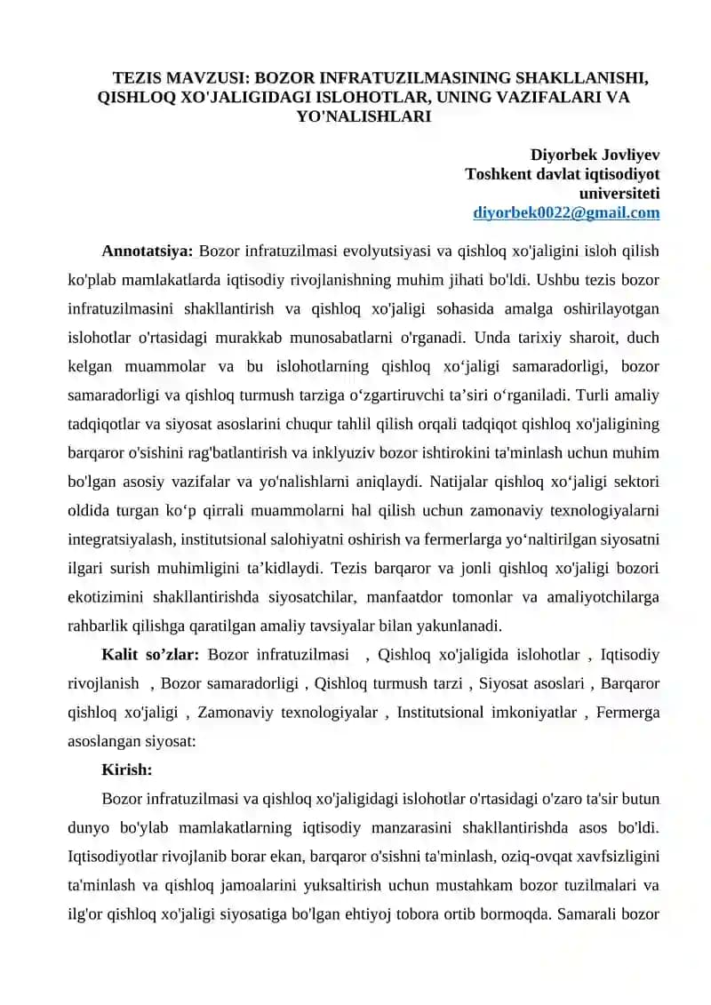 TEZIS MAVZUSI: BOZOR INFRATUZILMASINING SHAKLLANISHI, QISHLOQ XO'JALIGIDAGI ISLOHOTLAR, UNING VAZIFALARI VA YO'NALISHLARI