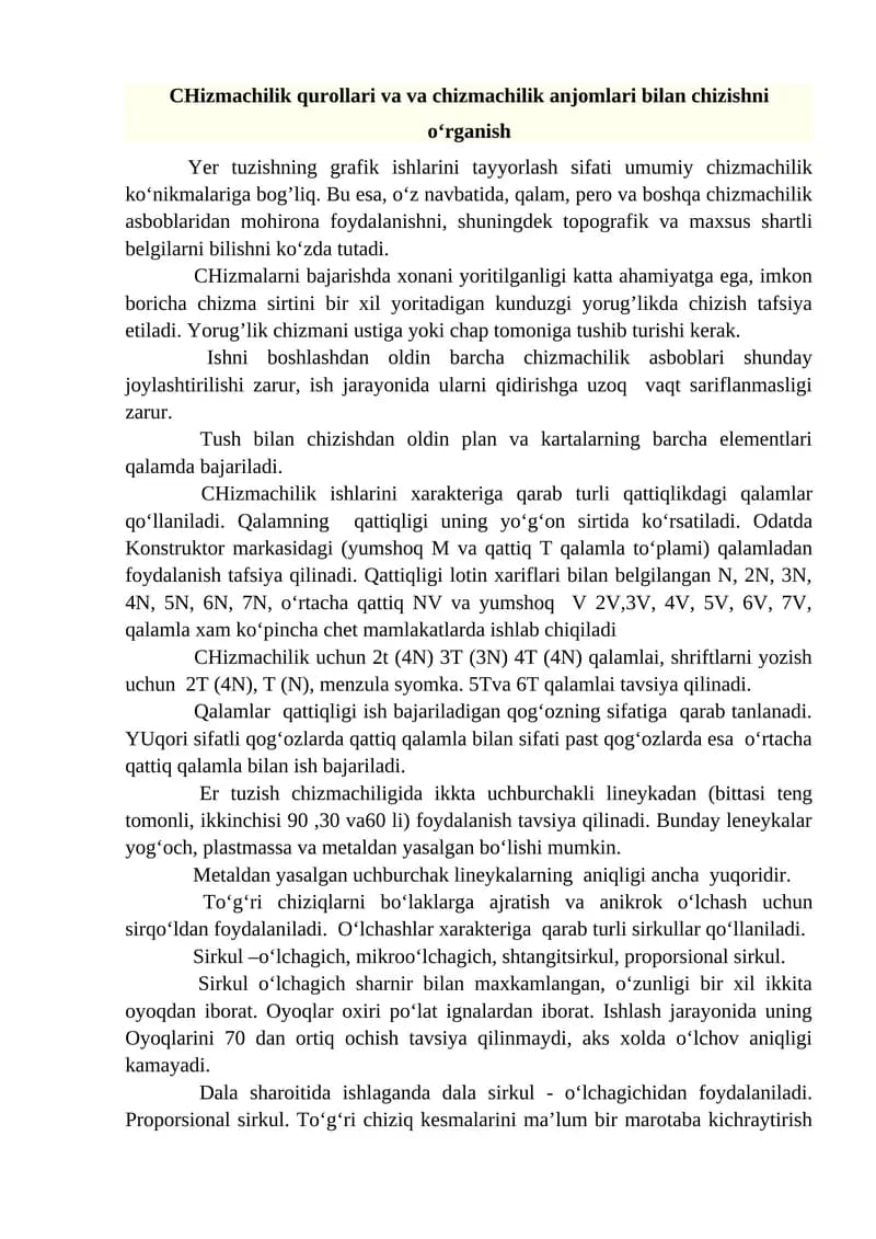 CHizmachilik qurollari va va chizmachilik anjomlari bilan chizishni o‘rganish