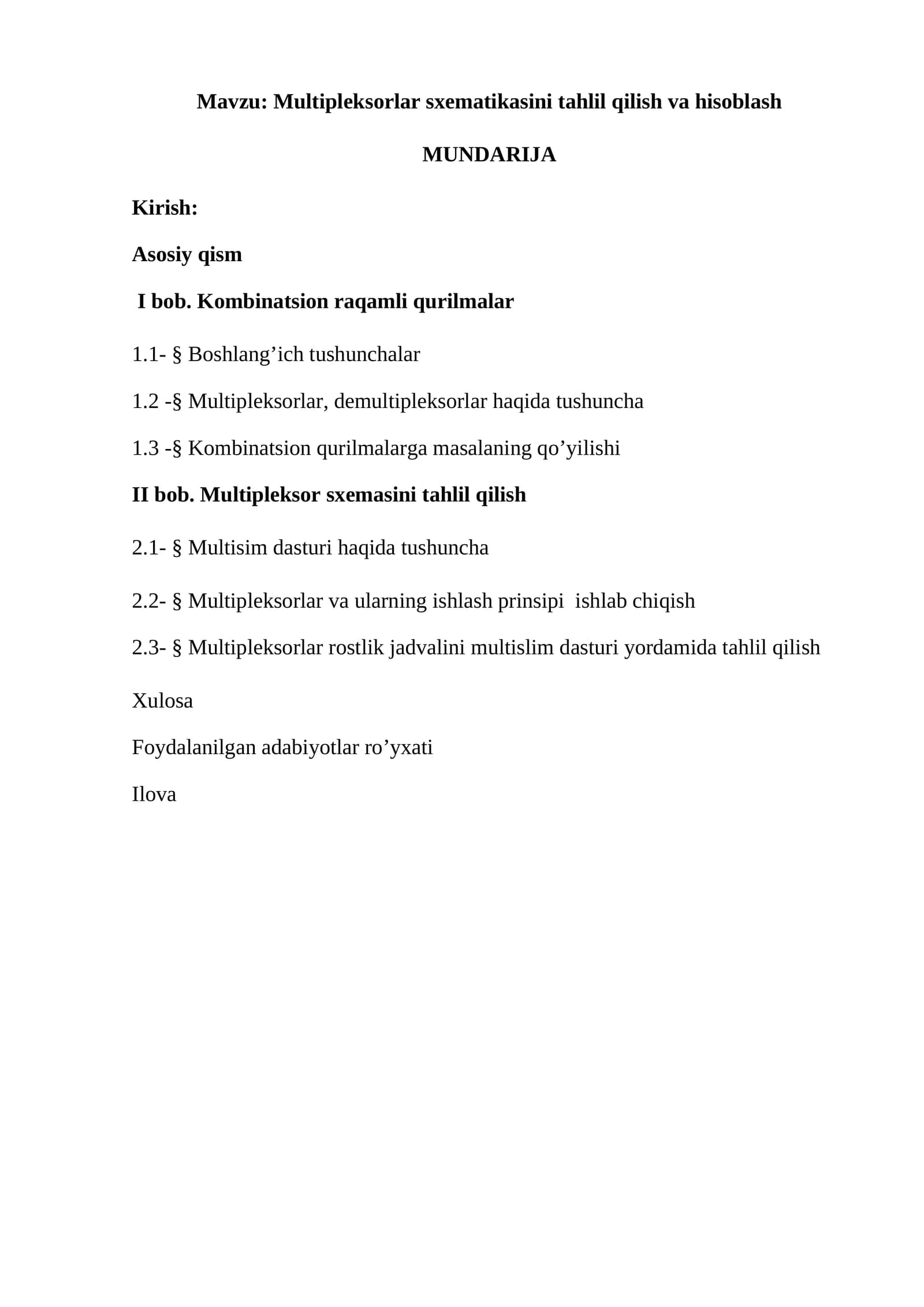 Multipleksorlar sxematikasini tahlil qilish va hisoblash