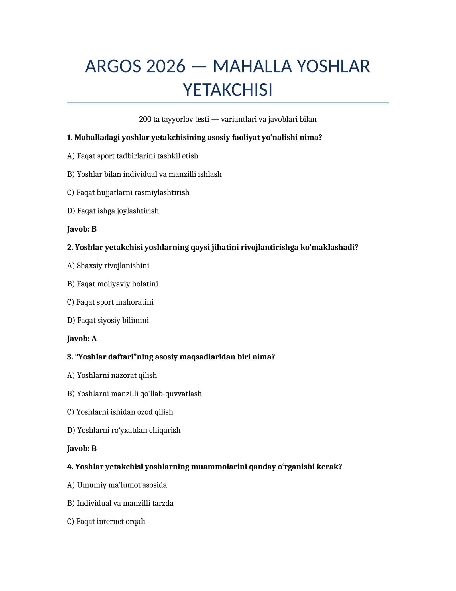 Mahalla yoshlar yetakchisi uchun test savollar