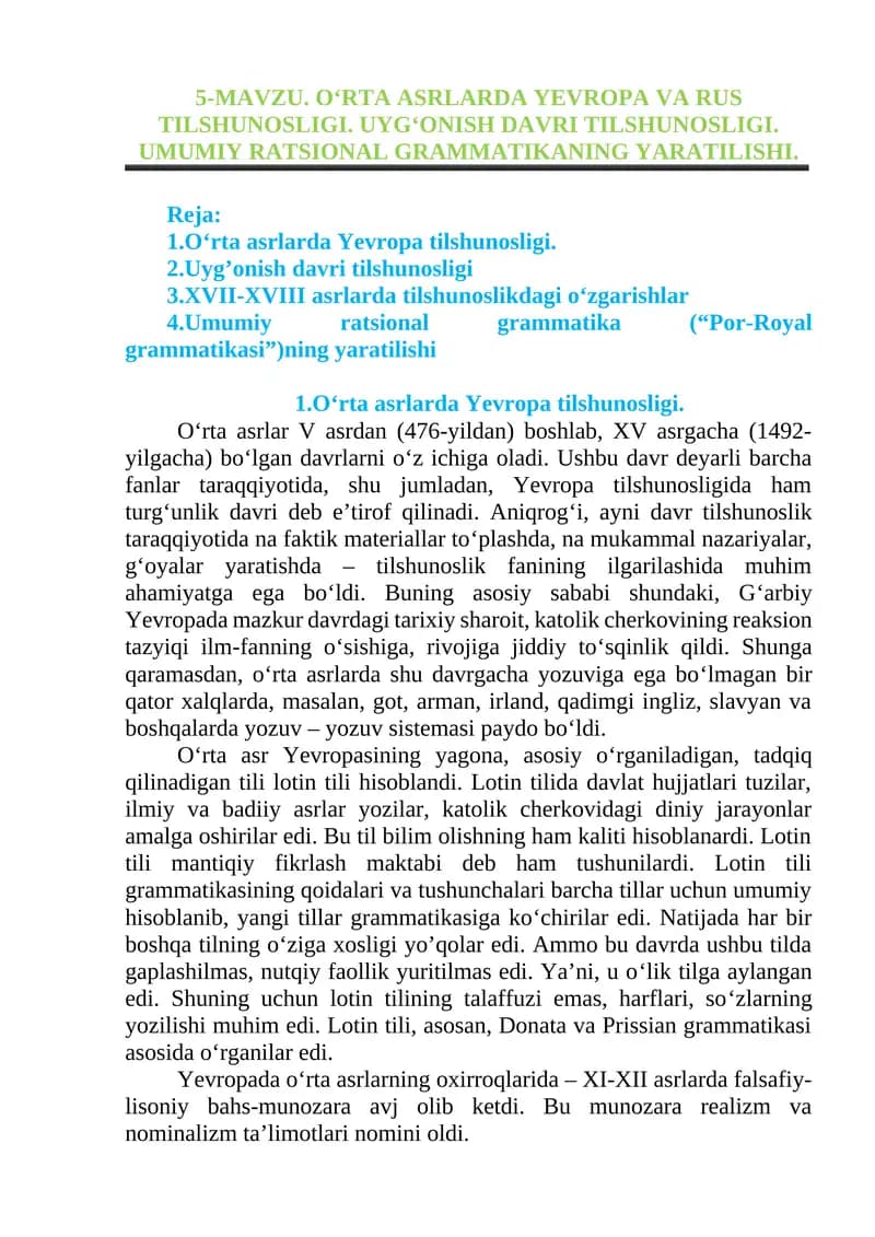Oʻrta asrlarda Yevropa va Rus tilshunosligi