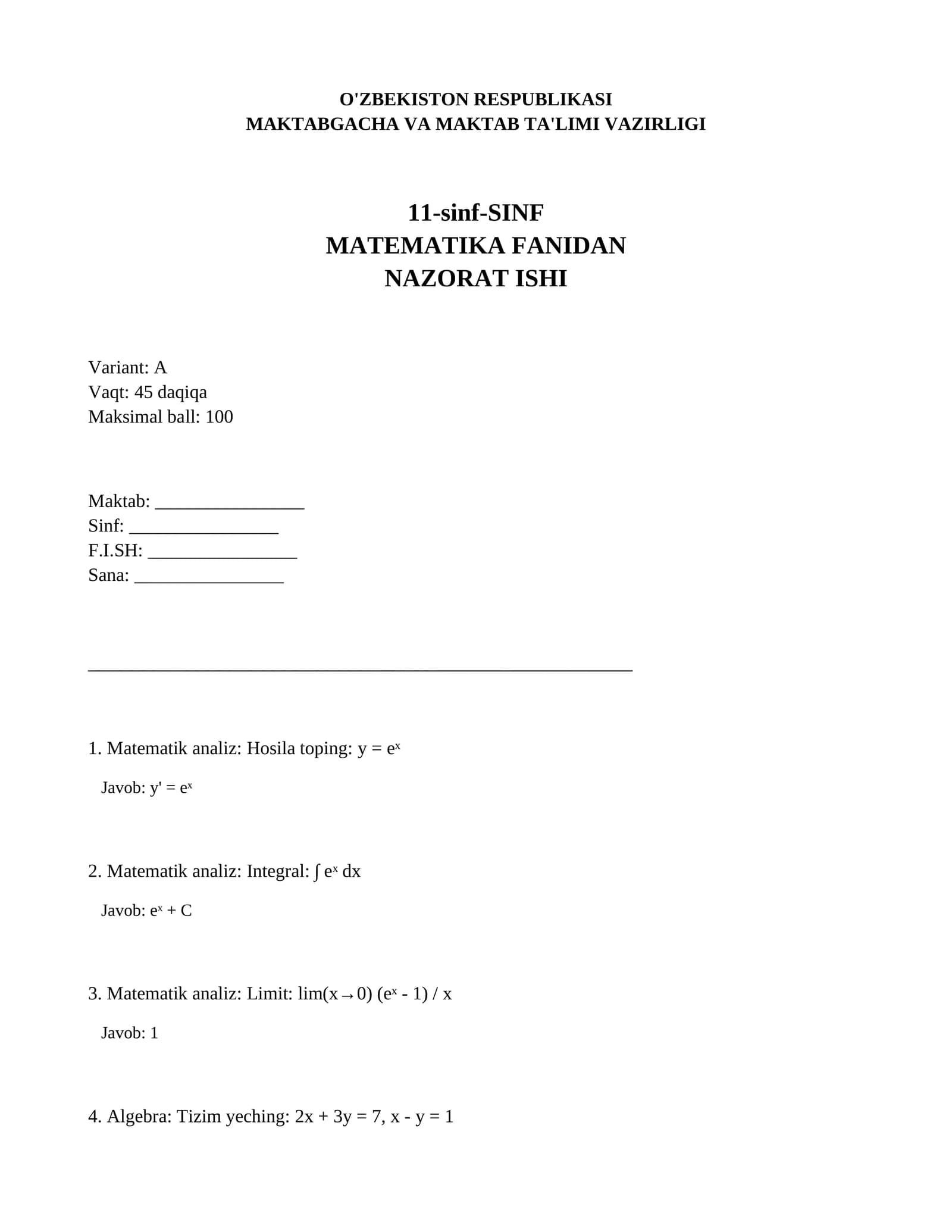 11-sinf-SINF MATEMATIKA FANIDAN NAZORAT ISHI Variant: A