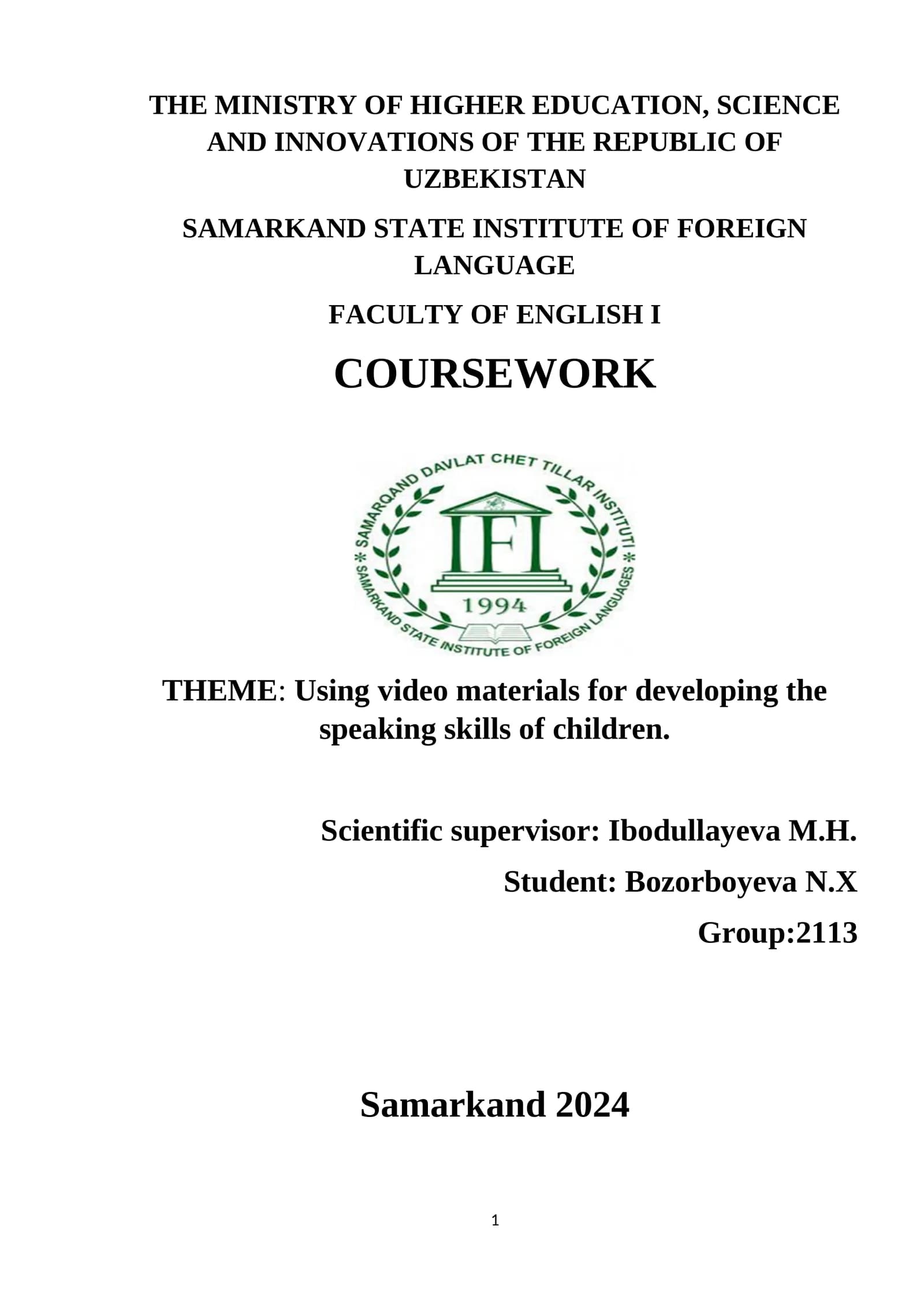 THEME: Using video materials for developing the speaking skills of children