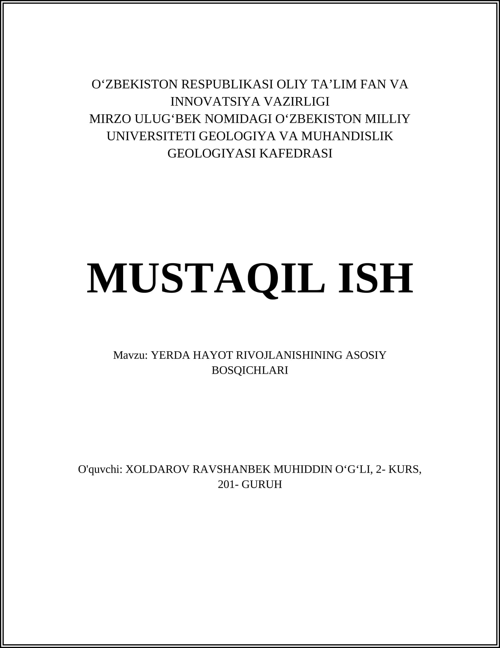YERDA HAYOT RIVOJLANISHINING ASOSIY BOSQICHLARI