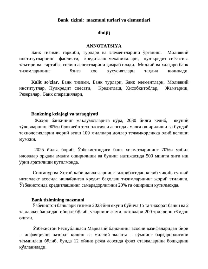 Bank tizimi: mazmuni turlari va elementlari