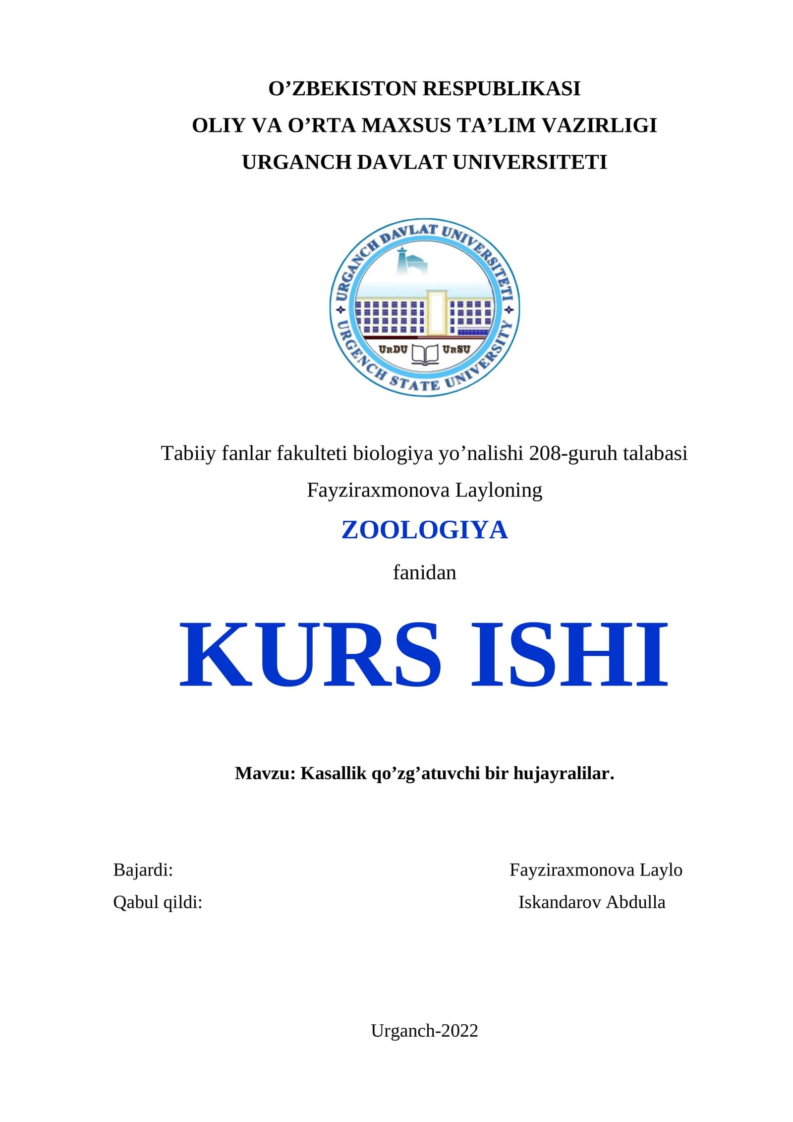 Kasallik qo’zg’atuvchi bir hujayralilar KURS ISHI