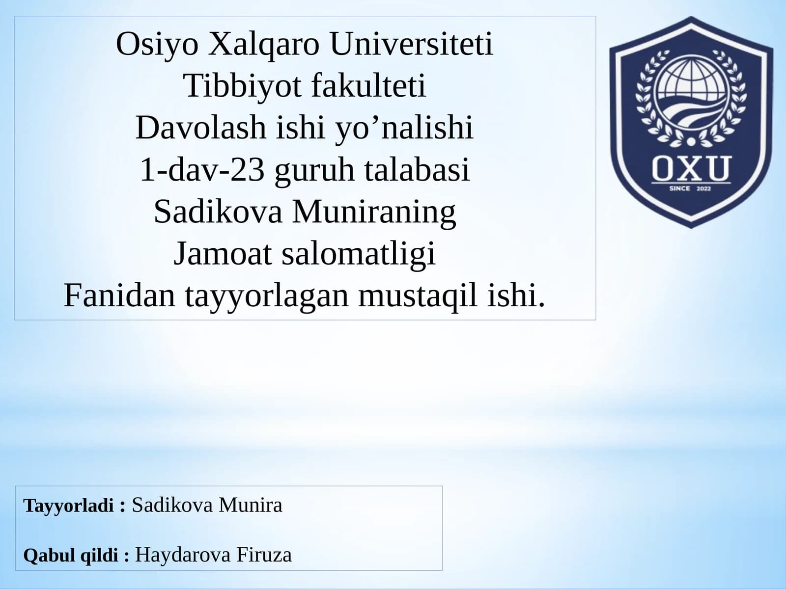 Statsionar muassasalarining ish faoliyatini tashkil qilish, shoshilinch tibbiy xizmat va foydalanish metodlari
