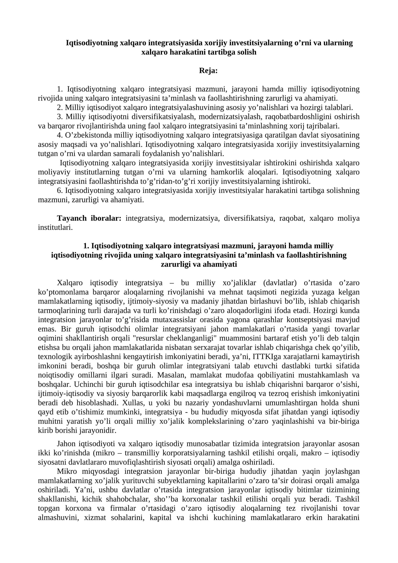 Xorijiy investitsiyalarning o’rni va ularning xalqaro harakatini tartibga solish