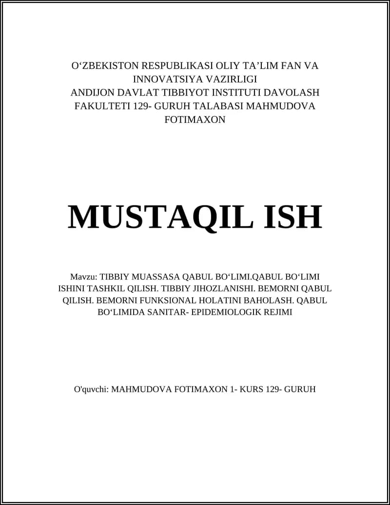 TIBBIY MUASSASA QABUL BOʻLIMI