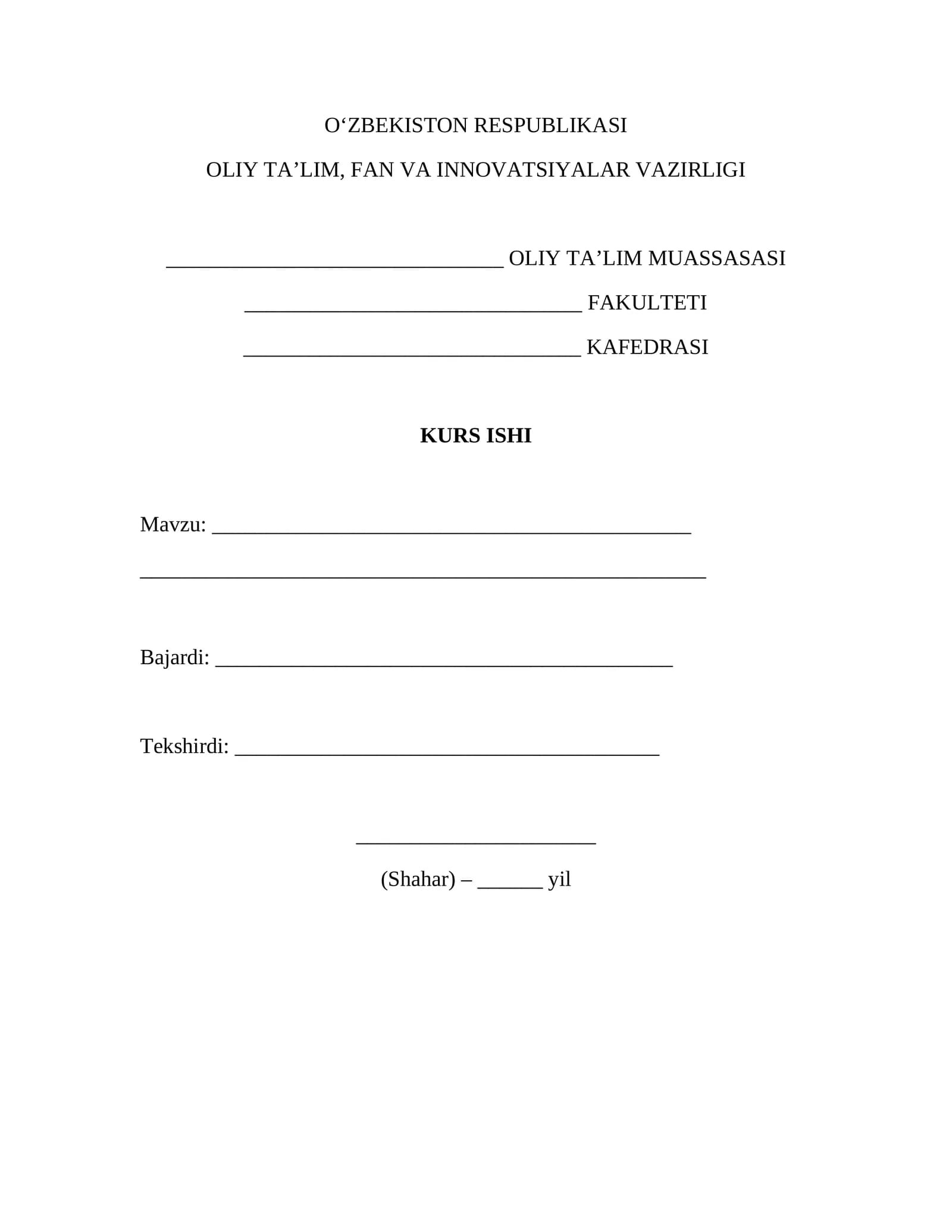 Kurs ishi titul varaqa (GOST) – Word (.docx) muqova shabloni