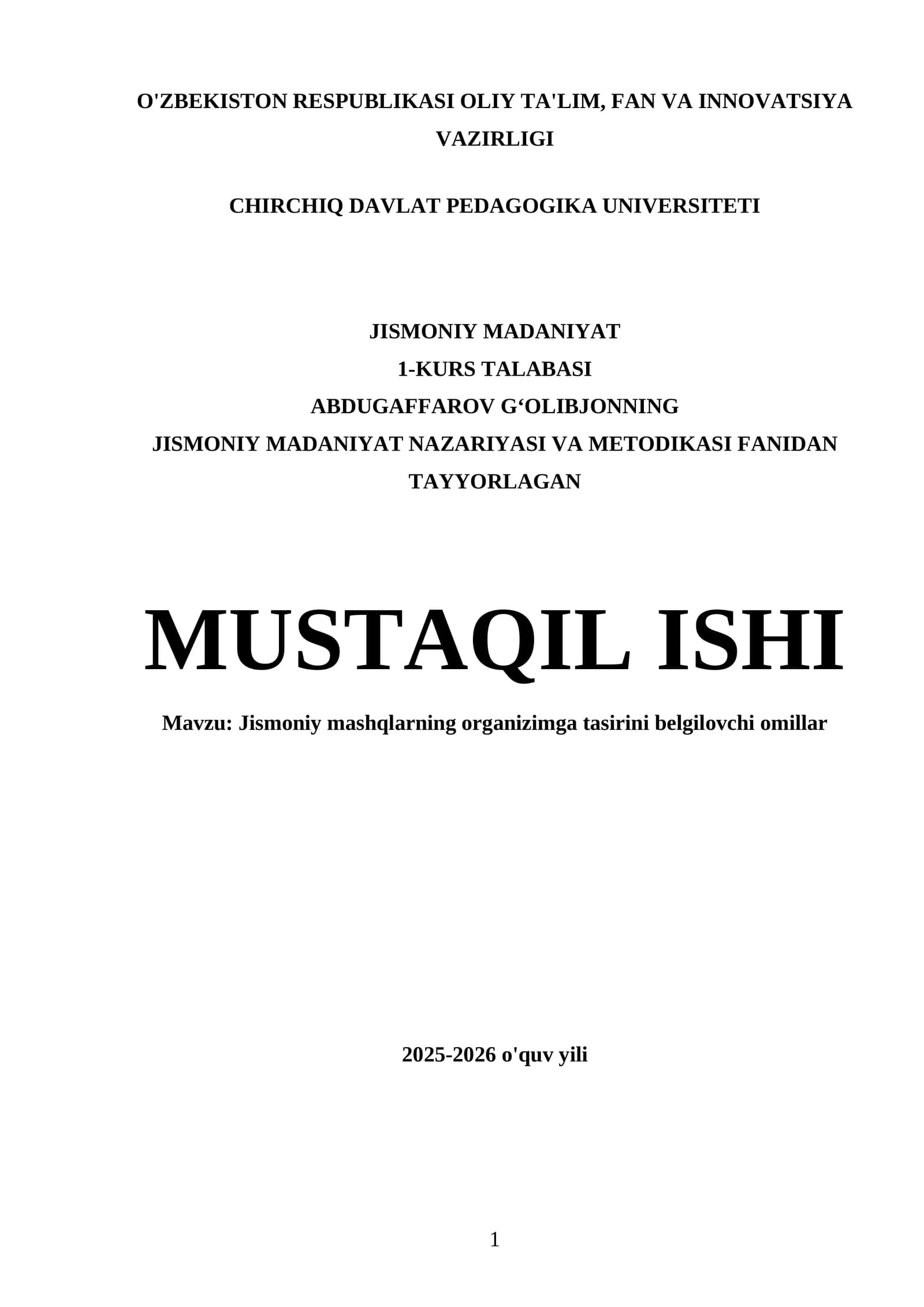 Jismoniy madaniyat nazariyasi va metodikasi fanidan tayyorlagan mustaqil ishi