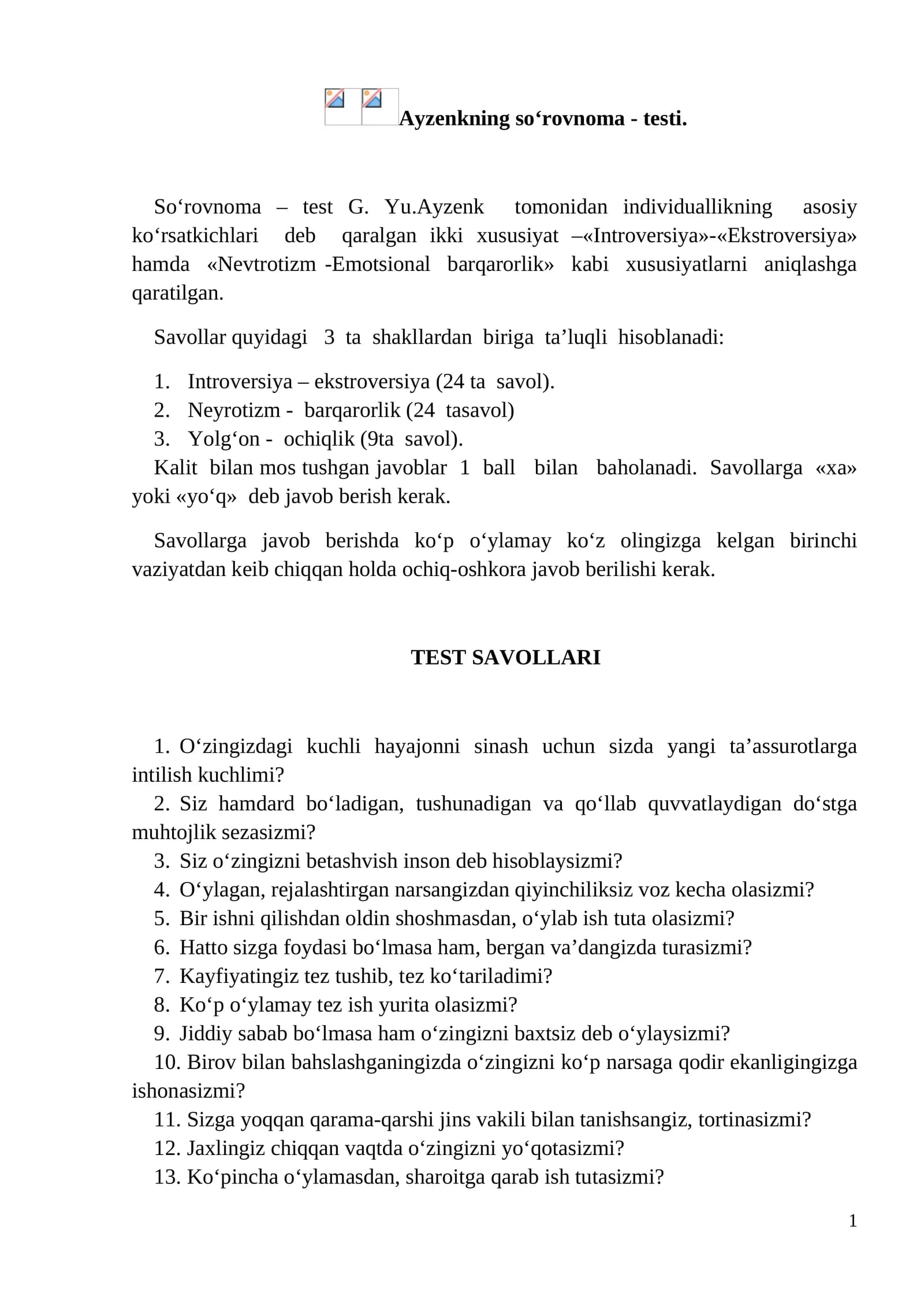 Ayzenkning so‘rovnoma - testi
