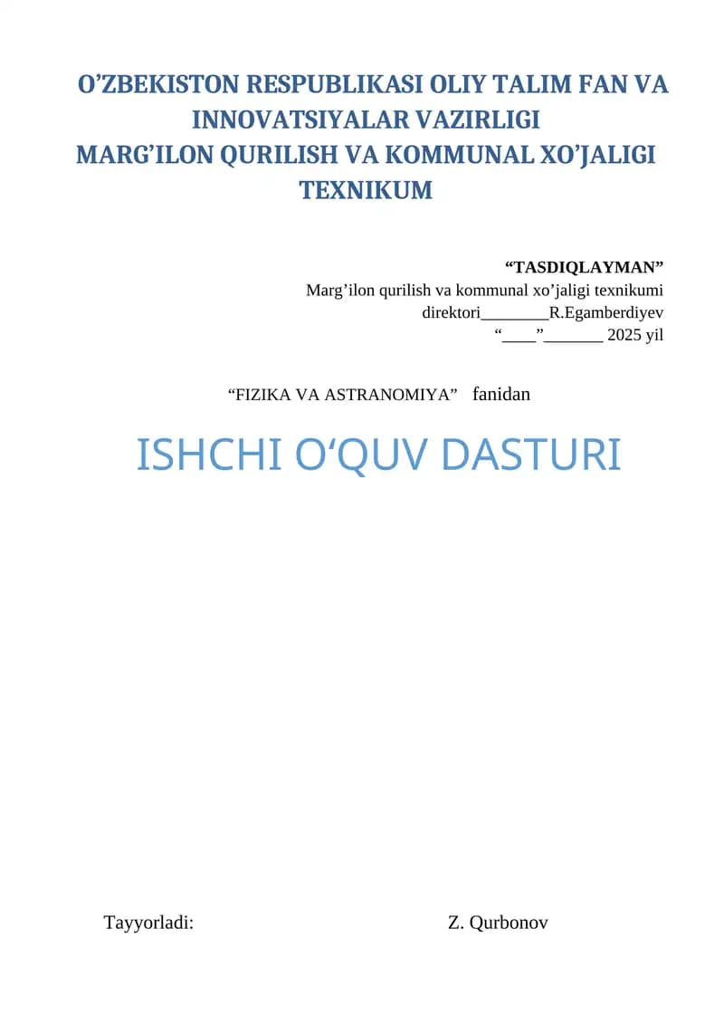 Fizika ishchi dastur