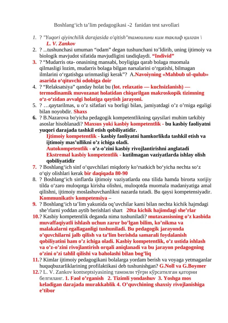 Boshlang‘ich ta’lim pedagogikasi -2 fanidan test savollari