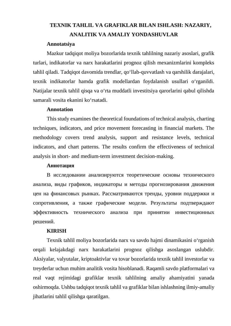 Texnik tahlil va grafiklar bilan ishlash: Nazariy, analitik va amaliy yondashuvlar