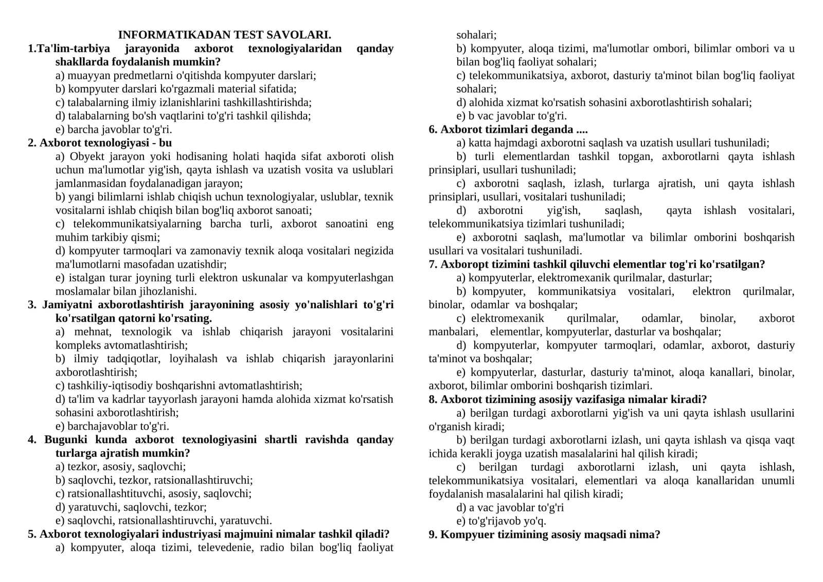 INFORMATIKADAN TEST SAVOLARI