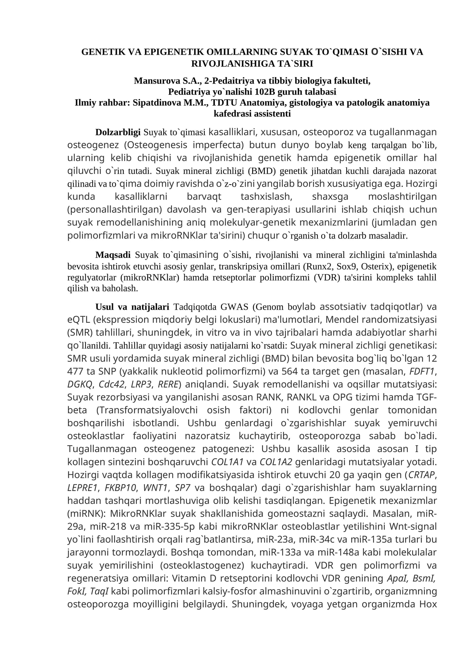 GENETIK VA EPIGENETIK OMILLARNING SUYAK TO`QIMASI O`SISHI VA RIVOJLANISHIGA TA`SIRI
