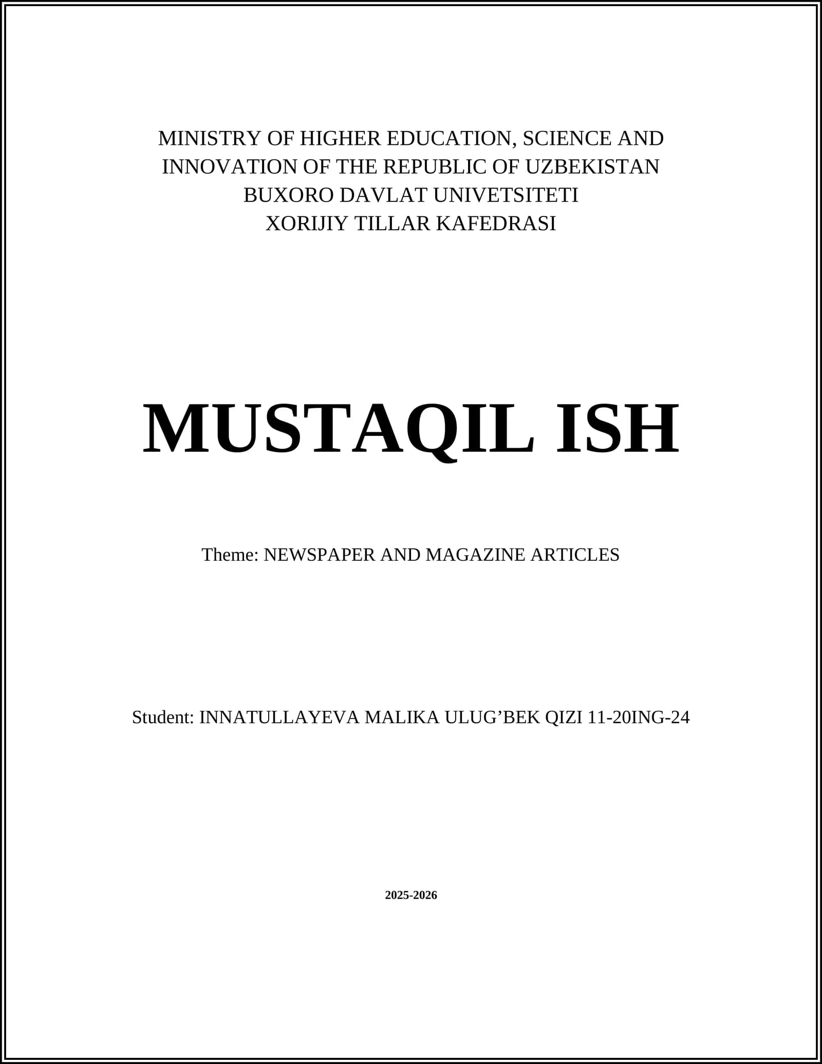 MUSTAQIL ISH: NEWSPAPER AND MAGAZINE ARTICLES
