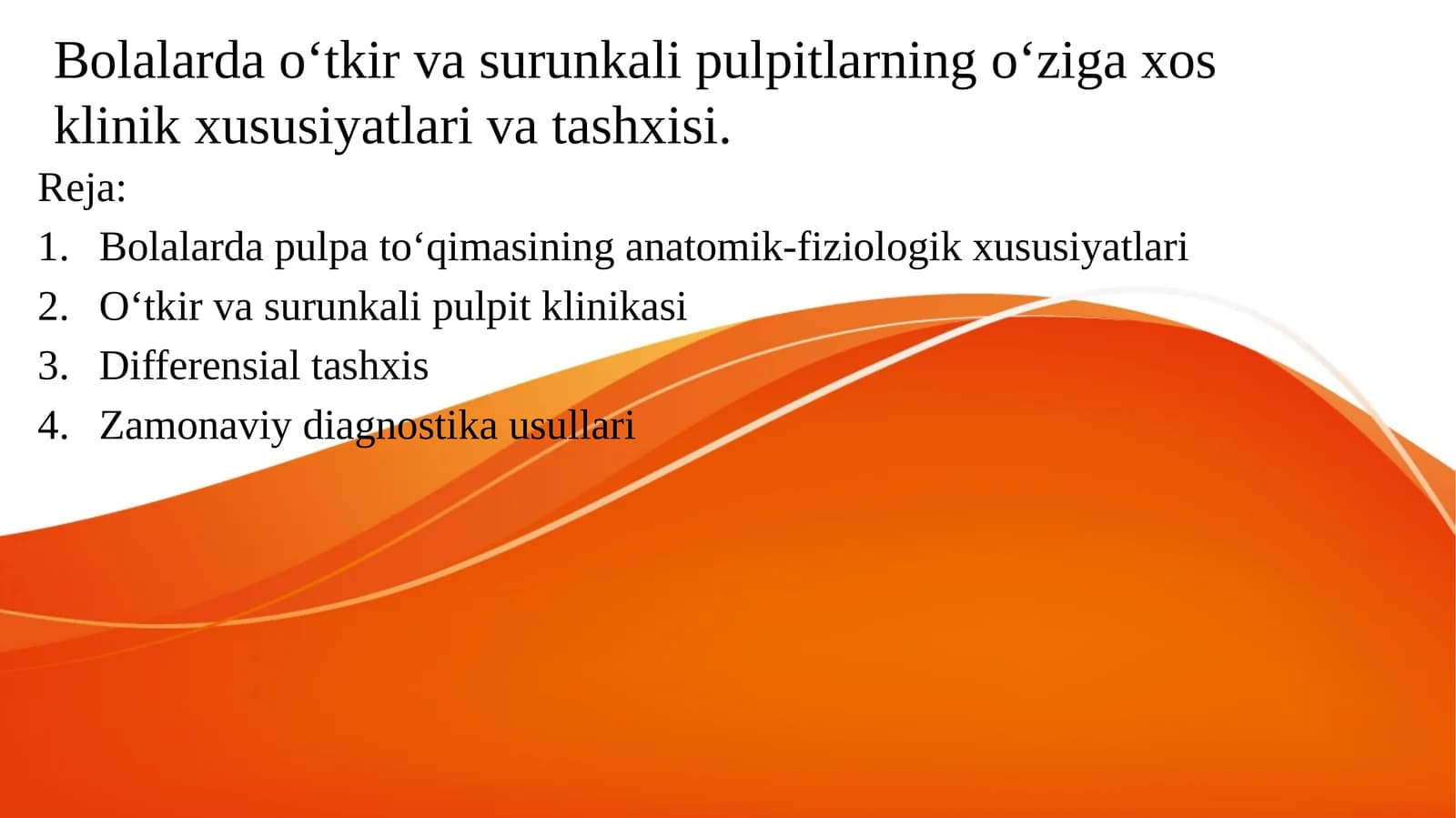 Bolalarda o‘tkir va surunkali pulpitlarning o‘ziga xos klinik xususiyatlari va tashxisi.