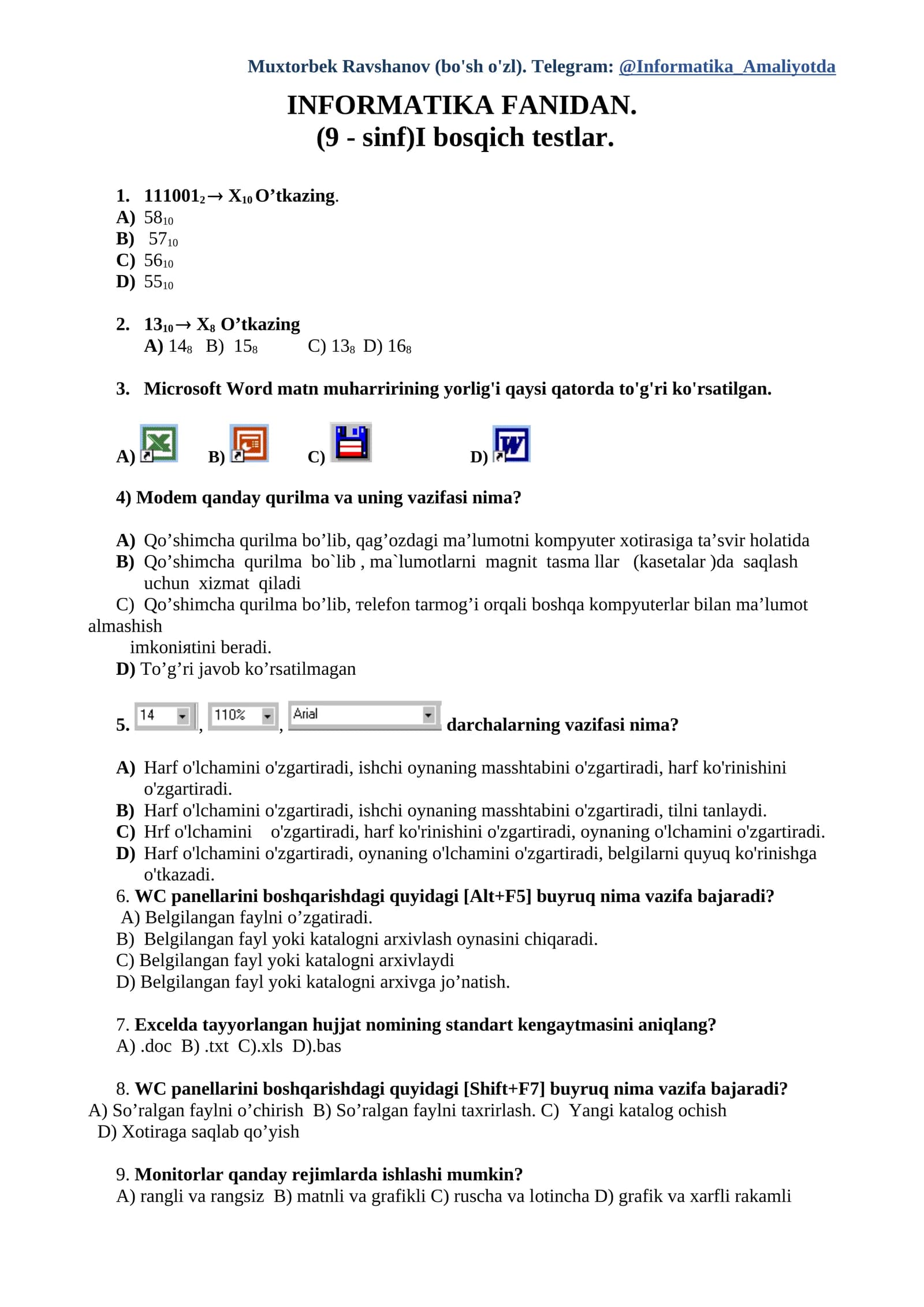 Muxtorbek Ravshanov (bo'sh o'zl). Telegram: @Informatika_Amaliyotda
