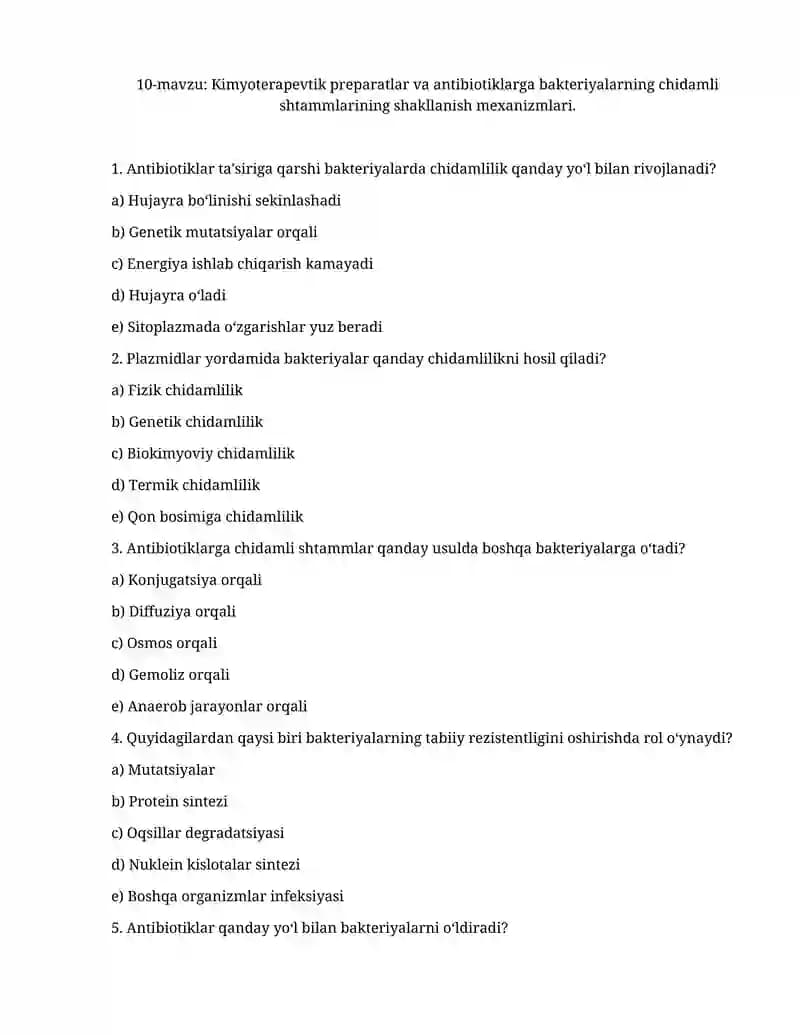 Kimyoterapevtik preparatlar va antibiotiklarga bakteriyalarning chidamli shtammlarining shakllanish