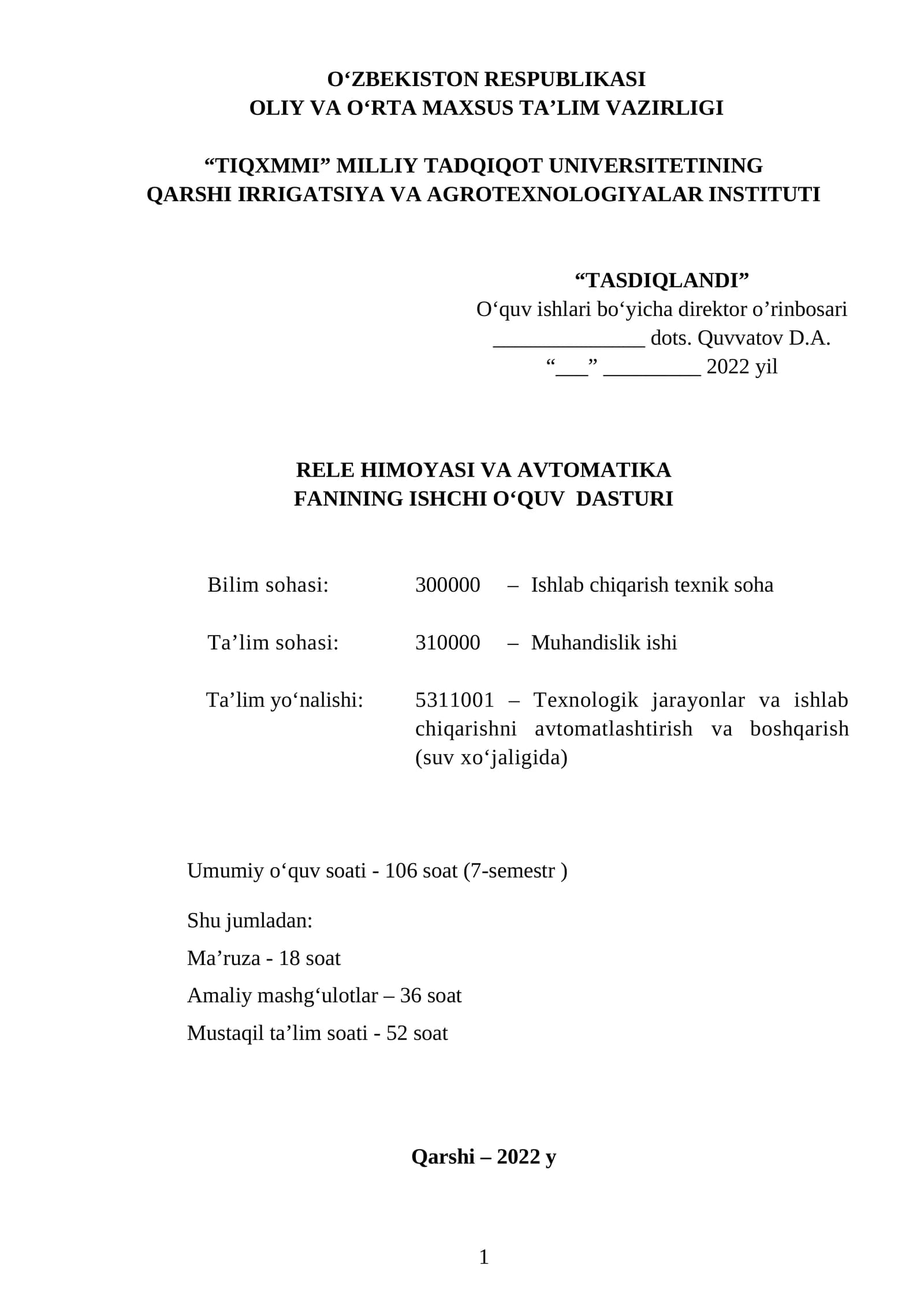 RELE HIMOYASI VA AVTOMATIKA FANINING ISHCHI O‘QUV DASTURI