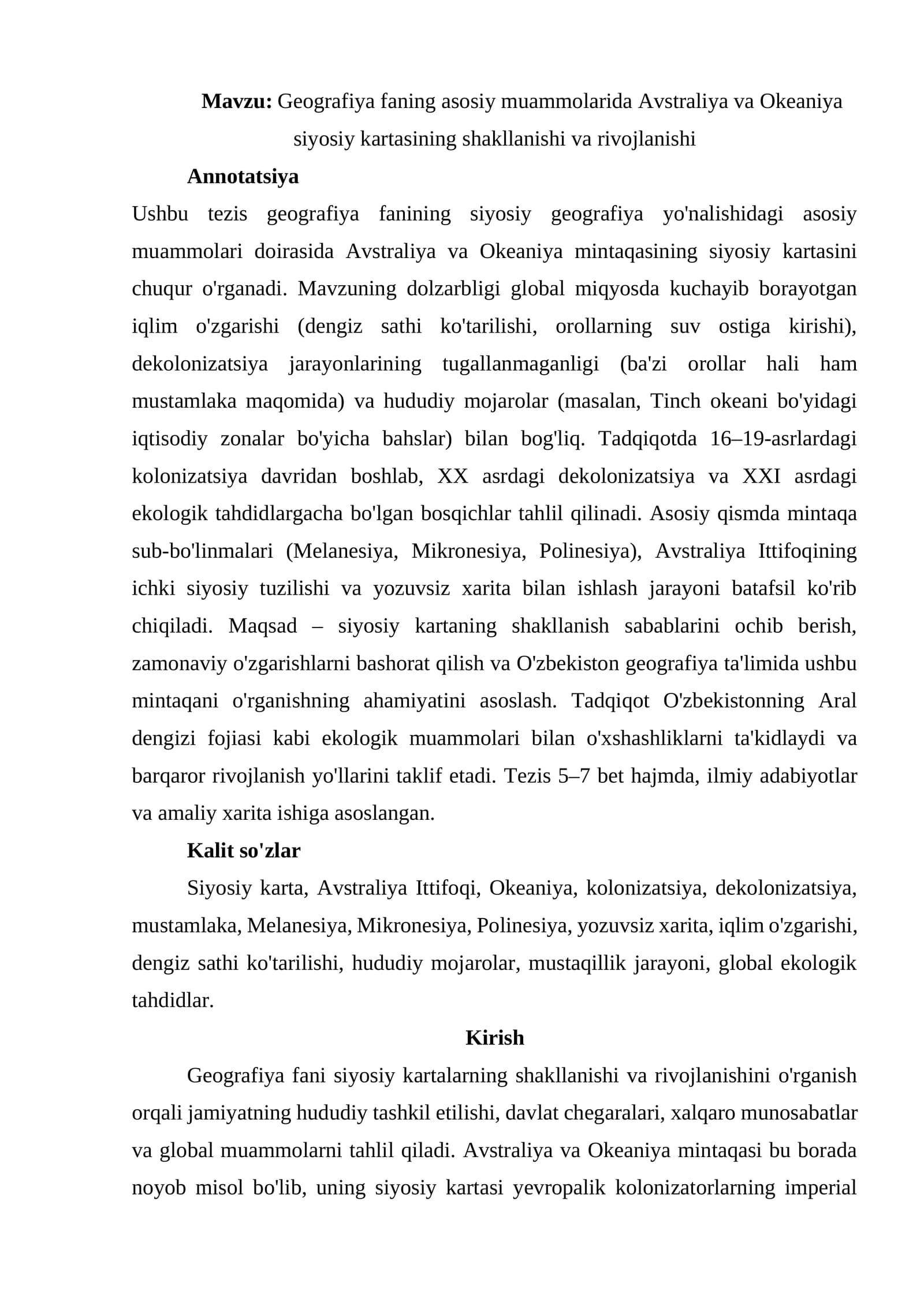 Geografiya faning asosiy muammolarida Avstraliya va Okeaniya siyosiy kartasining shakllanishi va rivojlanishi