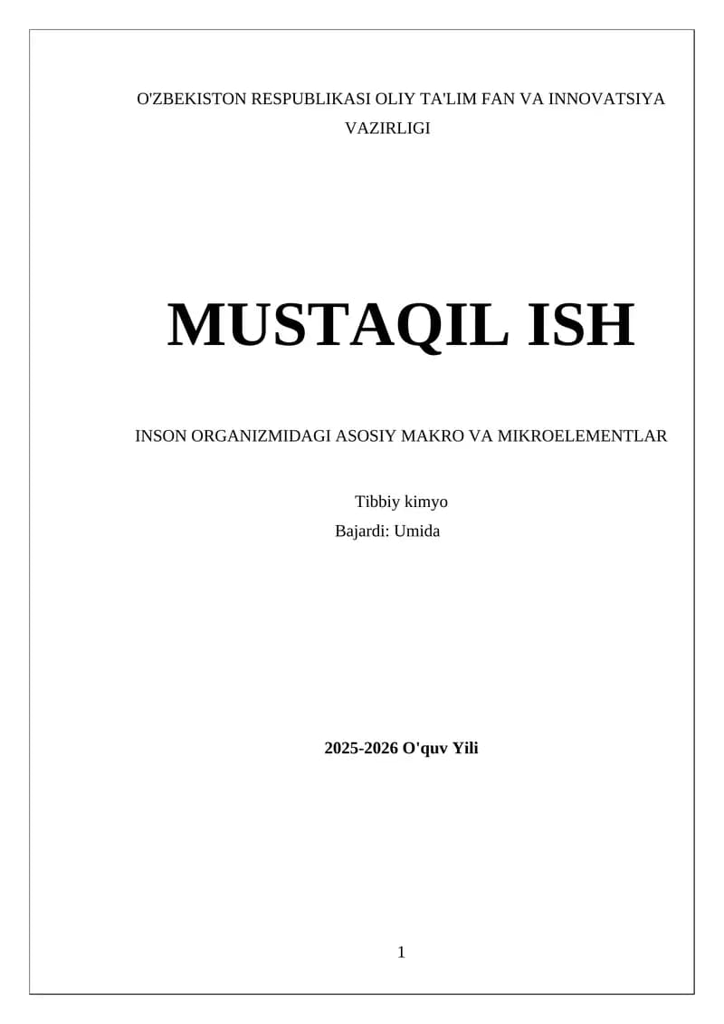 Inson organismidagi asosiy makro va mikroelementlar
