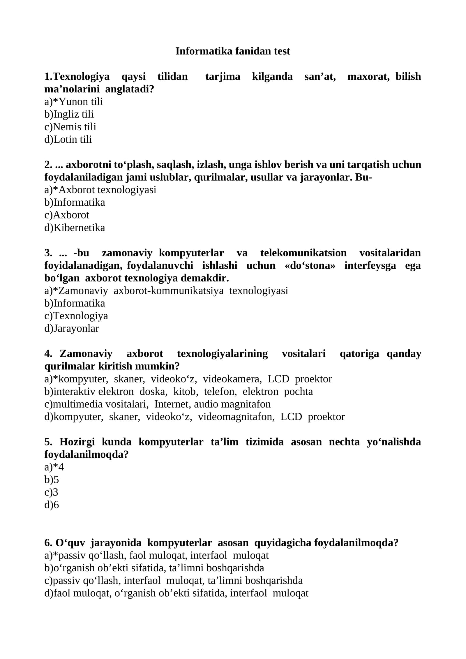 Informatika fanidan test