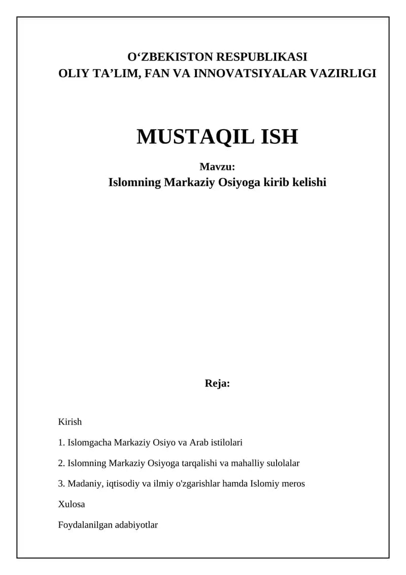 Islomning Markaziy Osiyoga kirib kelishi