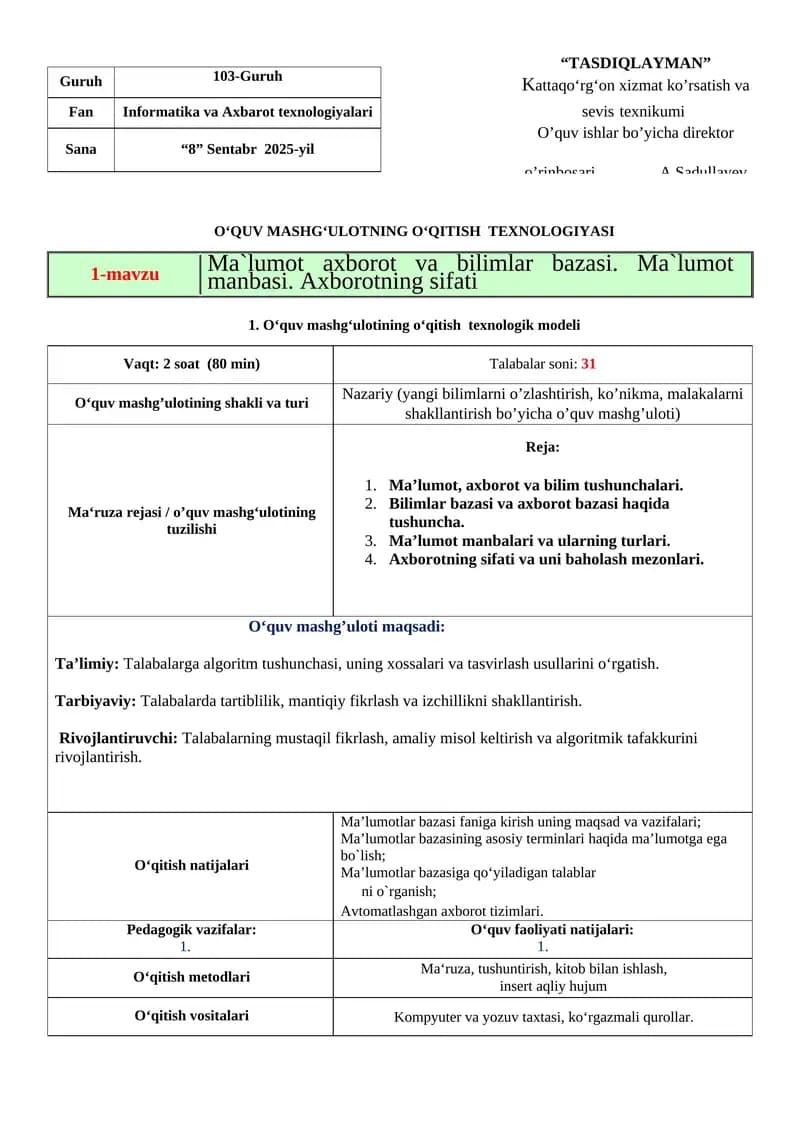 1-mavzu Ma`lumot axborot va bilimlar bazasi. Ma`lumot manbasi. Axborotning sifati