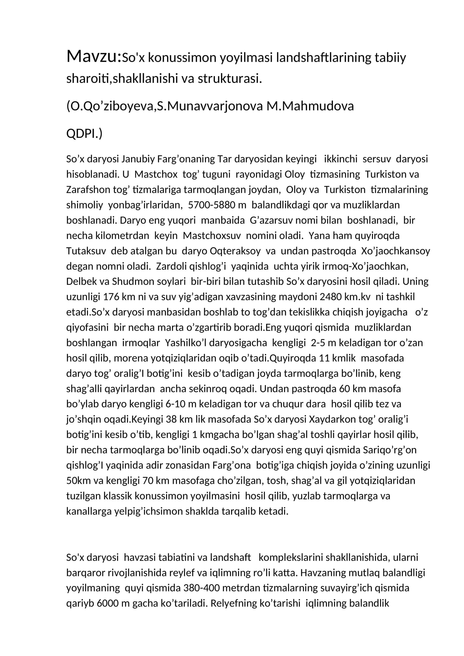 So'x konussimon yoyilmasi landshaftlarining tabiiy sharoiti, shakllanishi va strukturasi
