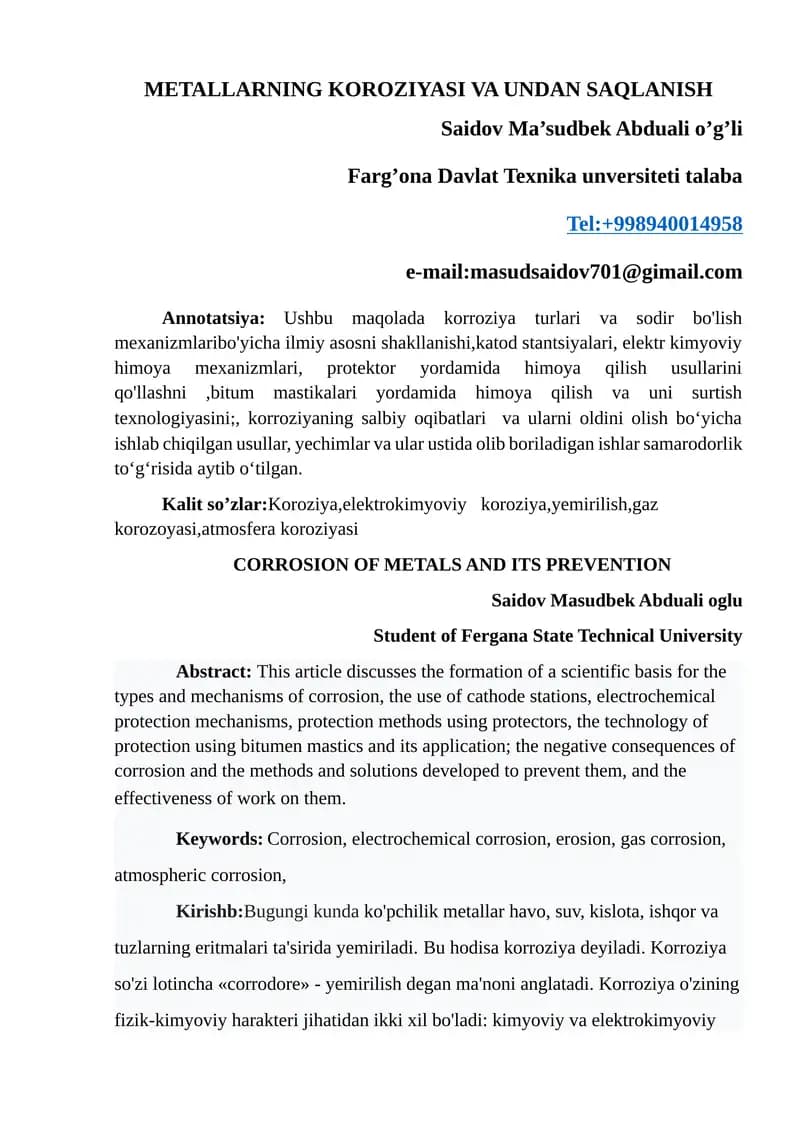 Materiallarning koroziyasi va ulardan saqlanish usullari