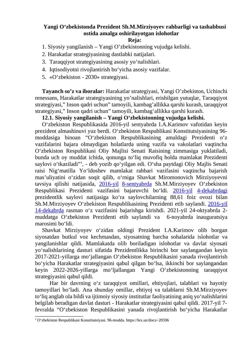 Yangi O‘zbekistonda Prezident Sh.M.Mirziyoyev rahbarligi va tashabbusi ostida amalga oshirilayotgan islohotlar