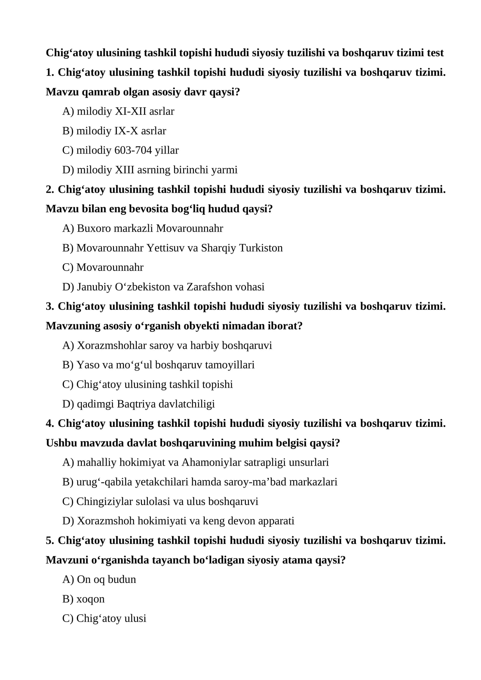 Chig‘atoy ulusining tashkil topishi hududi siyosiy tuzilishi va boshqaruv tizimi