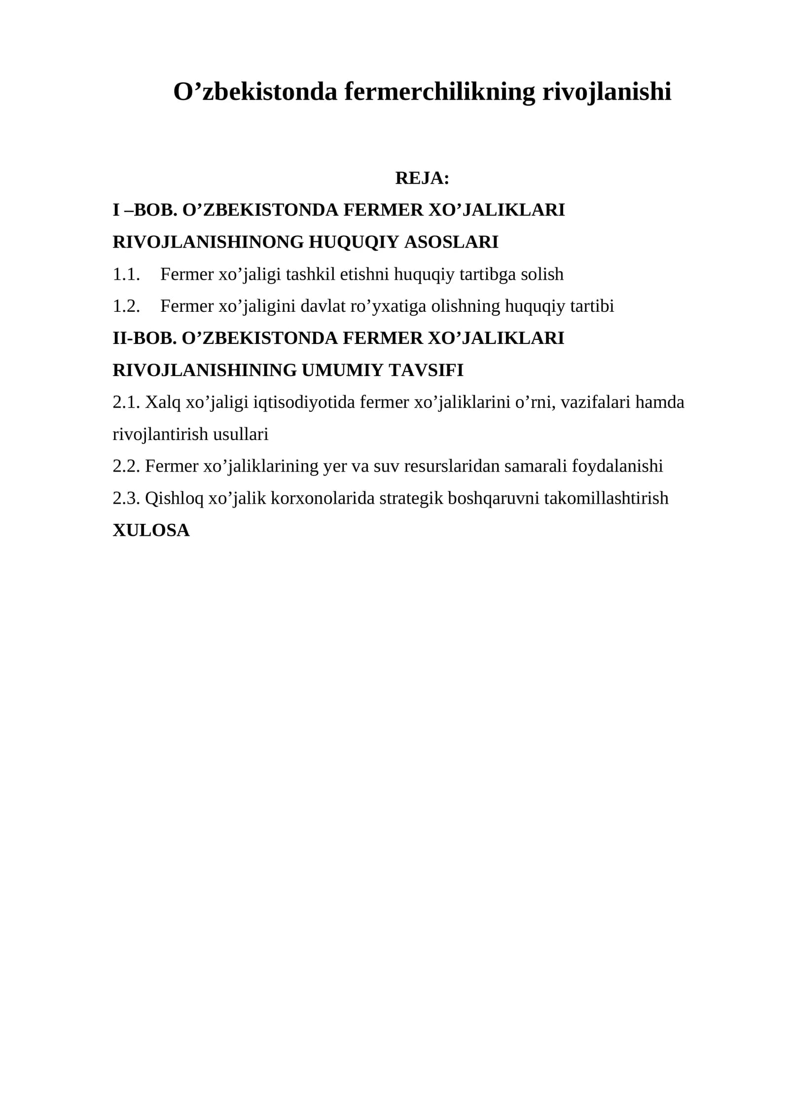 O’zbekistonda fermerchilikning rivojlanishi