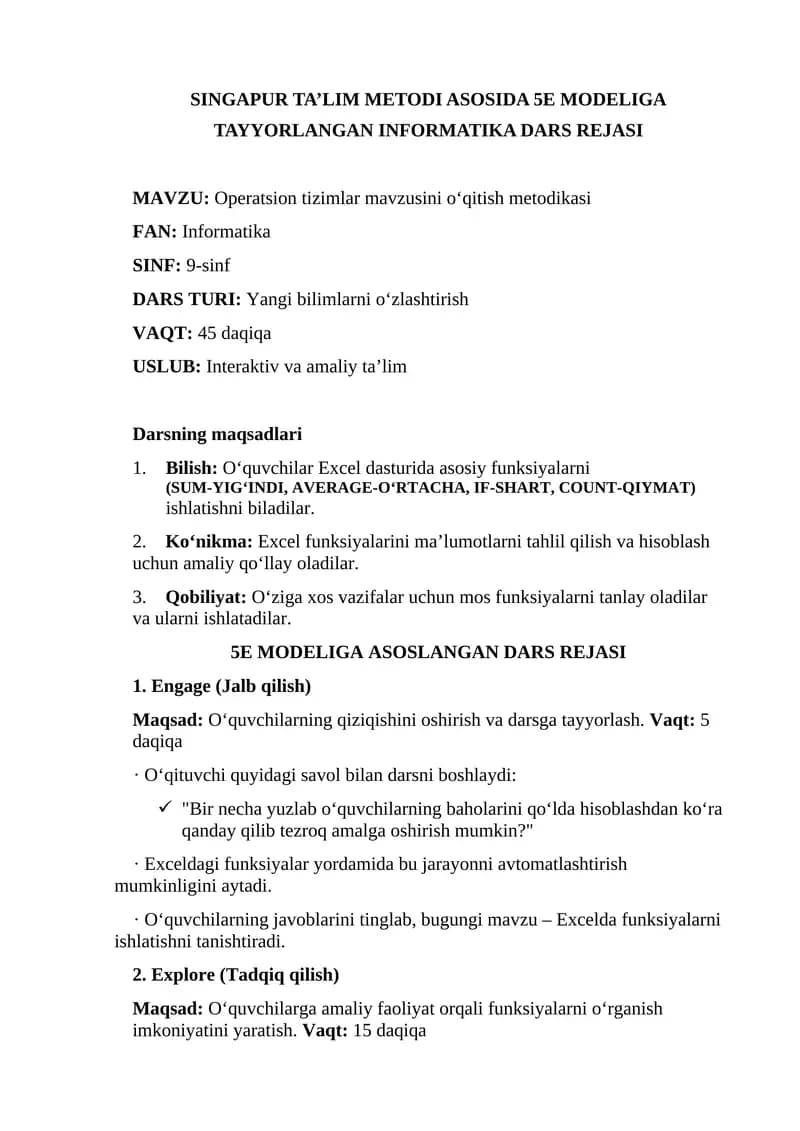 SINGAPUR TA’LIM METODI ASOSIDA 5E MODELIGA TAYYORLANGAN INFORMATIKA DARS REJASI