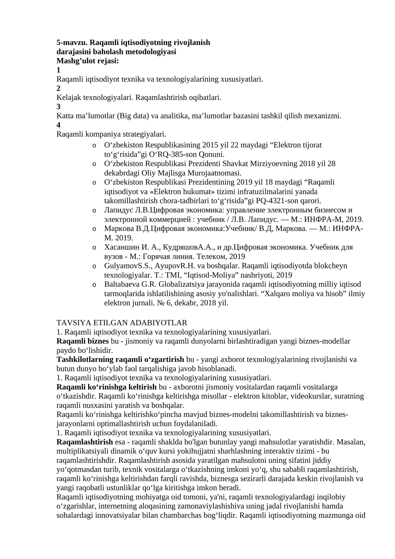 5-mavzu. Raqamli iqtisodiyotning rivojlanish darajasini baholash metodologiyasi