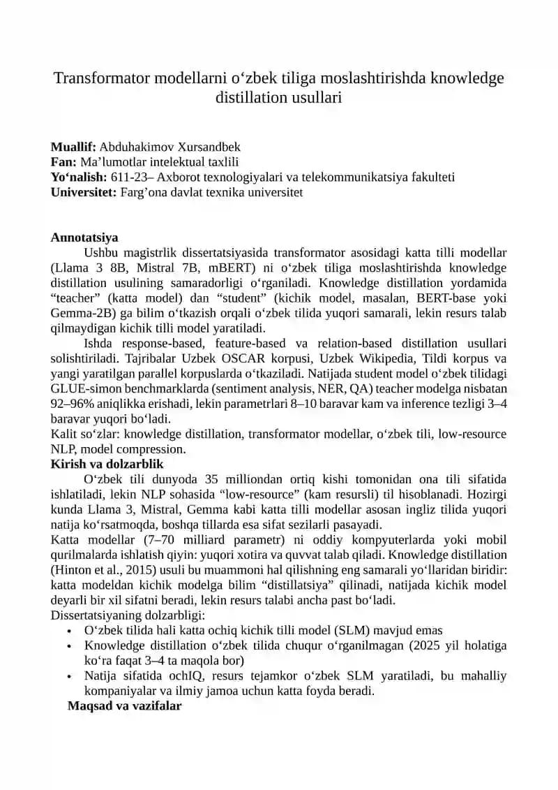 Transformator modellarni o‘zbek tiliga moslashtirishda knowledge distillation usullari
