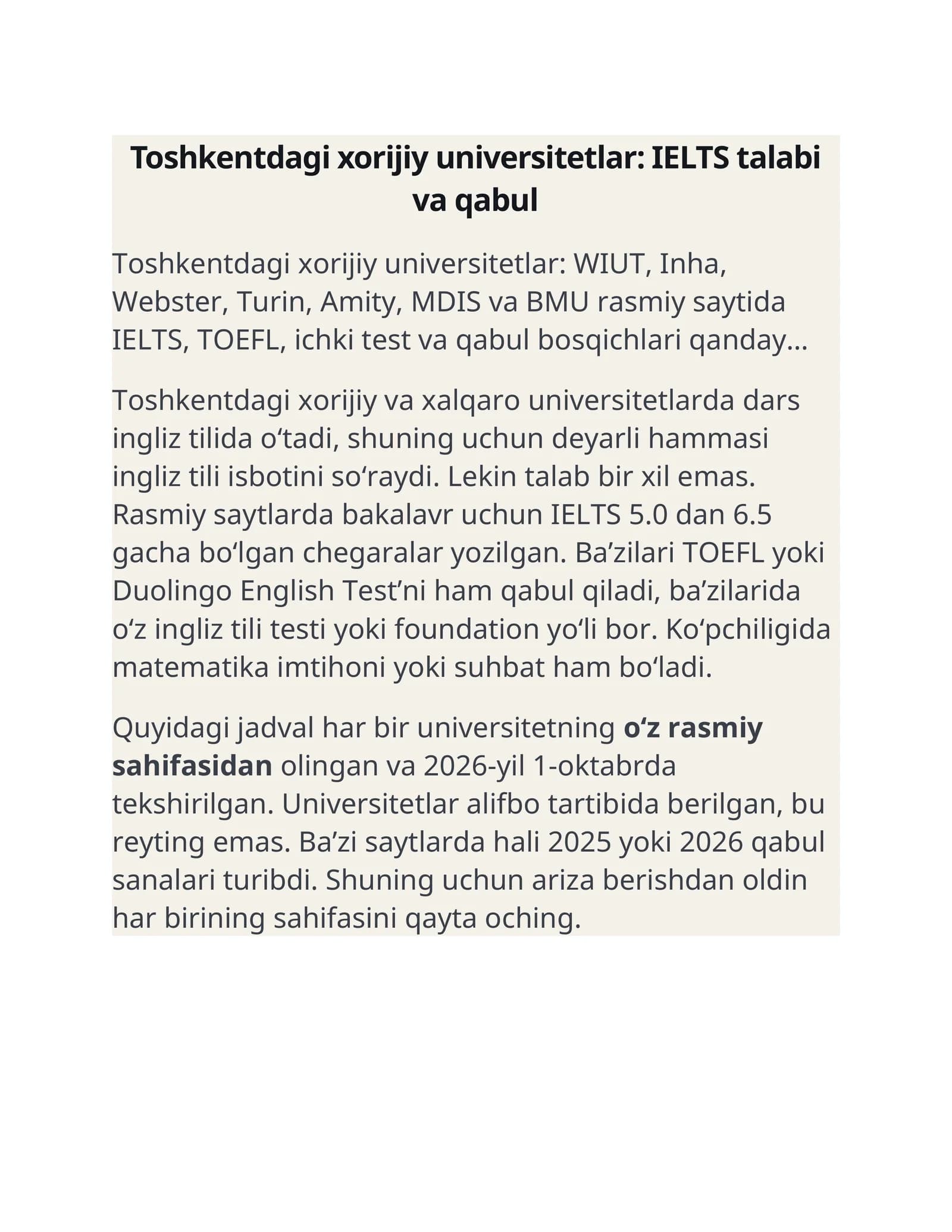 Toshkentdagi xorijiy universitetlar: IELTS talabi va qabul